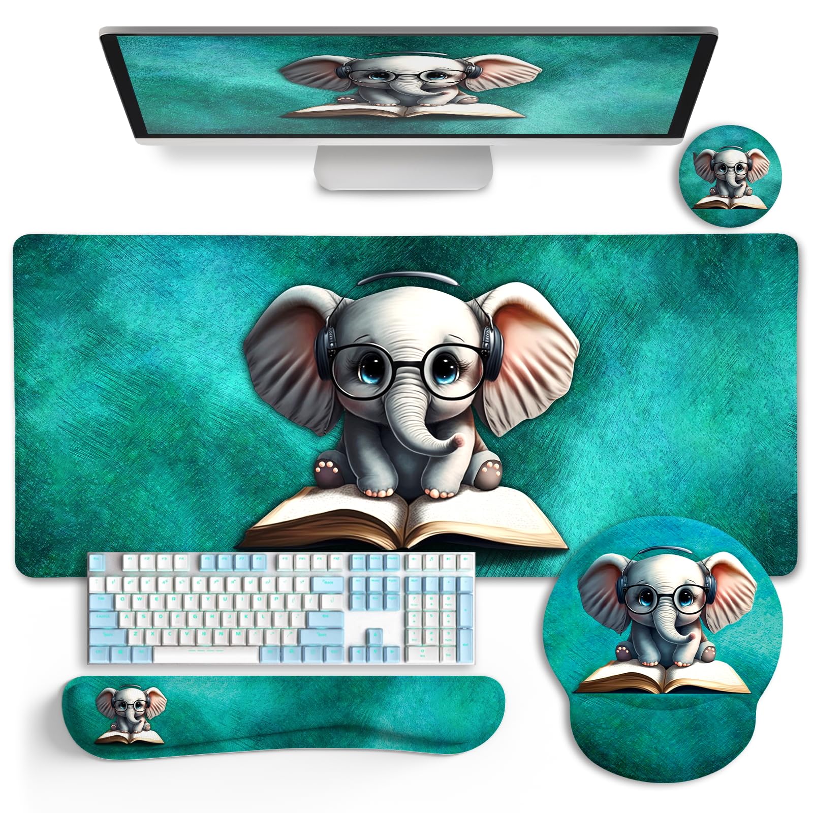 LIMKRIAN Desk Mat, Large Gaming Mouse Pad with Wrist Rest, Ergonomic Keyboard Mat, Cup Coaster, Home Office Desk Accessories, Cute Elephant — image 1