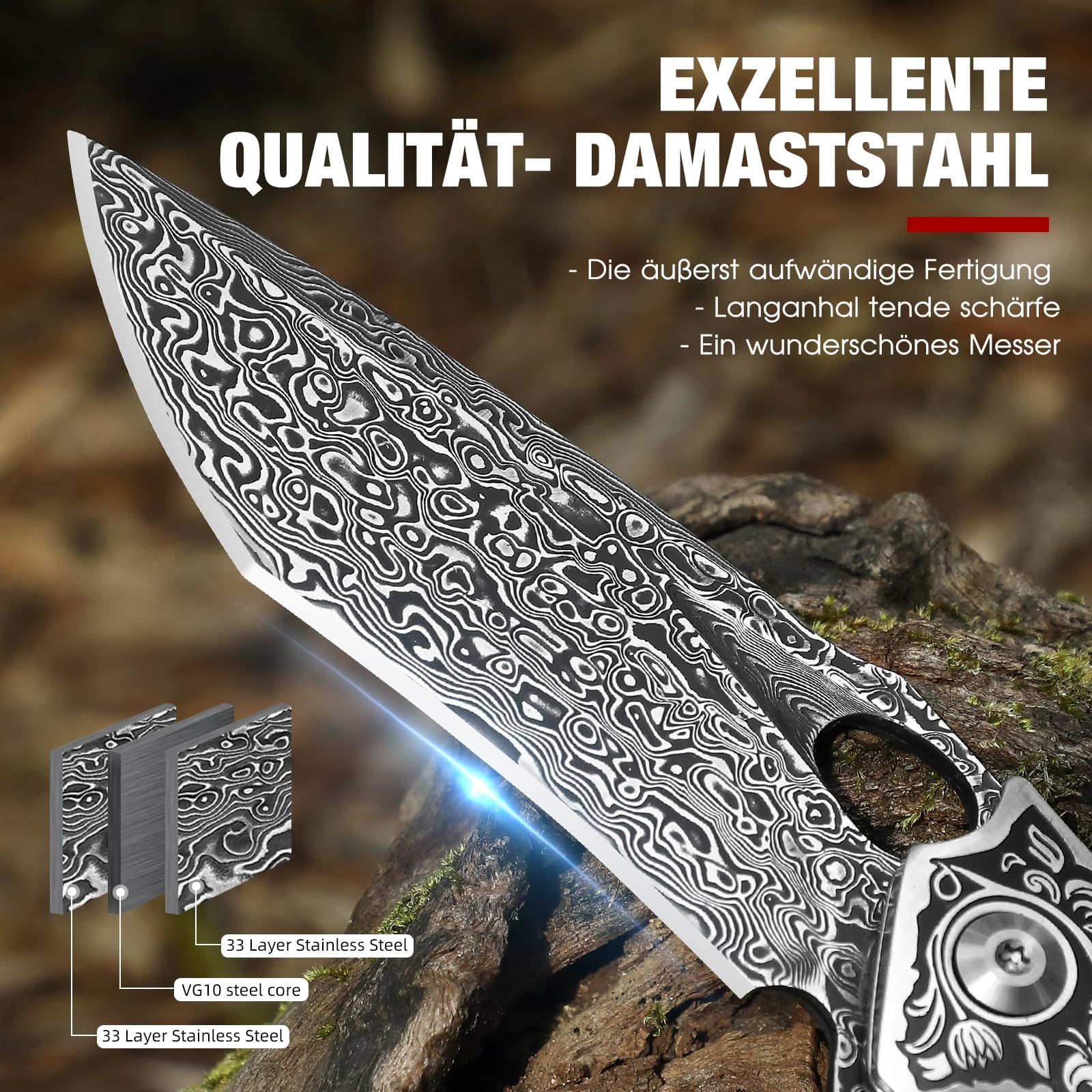 DRACHENADER Acero de Damasco de de un solo filo navaja de bolsillo con funda de cuero hermoso, cuchillo plegable al aire libre VG10 Kern mango de madera de regalo