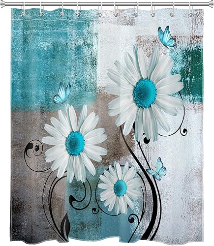Miniatura 2 de MEUNEAR Cortina de ducha floral de granja turquesa verde azulado margaritas flores mariposa cortina de ducha moderna abstracta geométrica gris y
