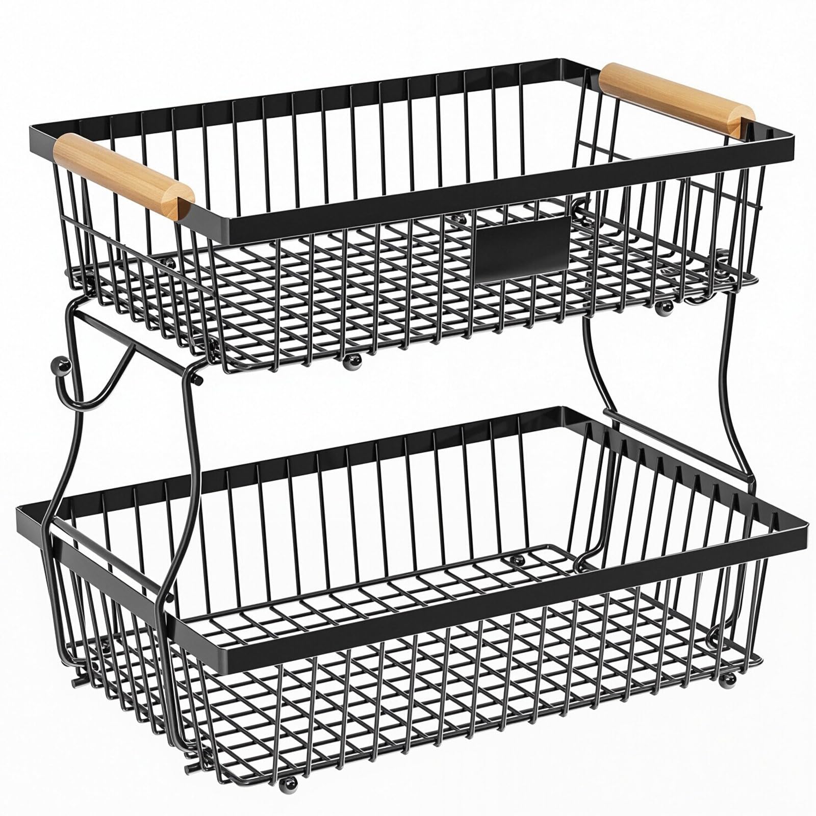 AmzDaKai 2 Tier Fruit Bowl Basket with 2 Banana Hanger, Detachable Kitchen Countertop Organizer, Countertop Fruit Storage Produce Basket, Metal Storage Rack for Fruits, Vegetables, Snacks, Black