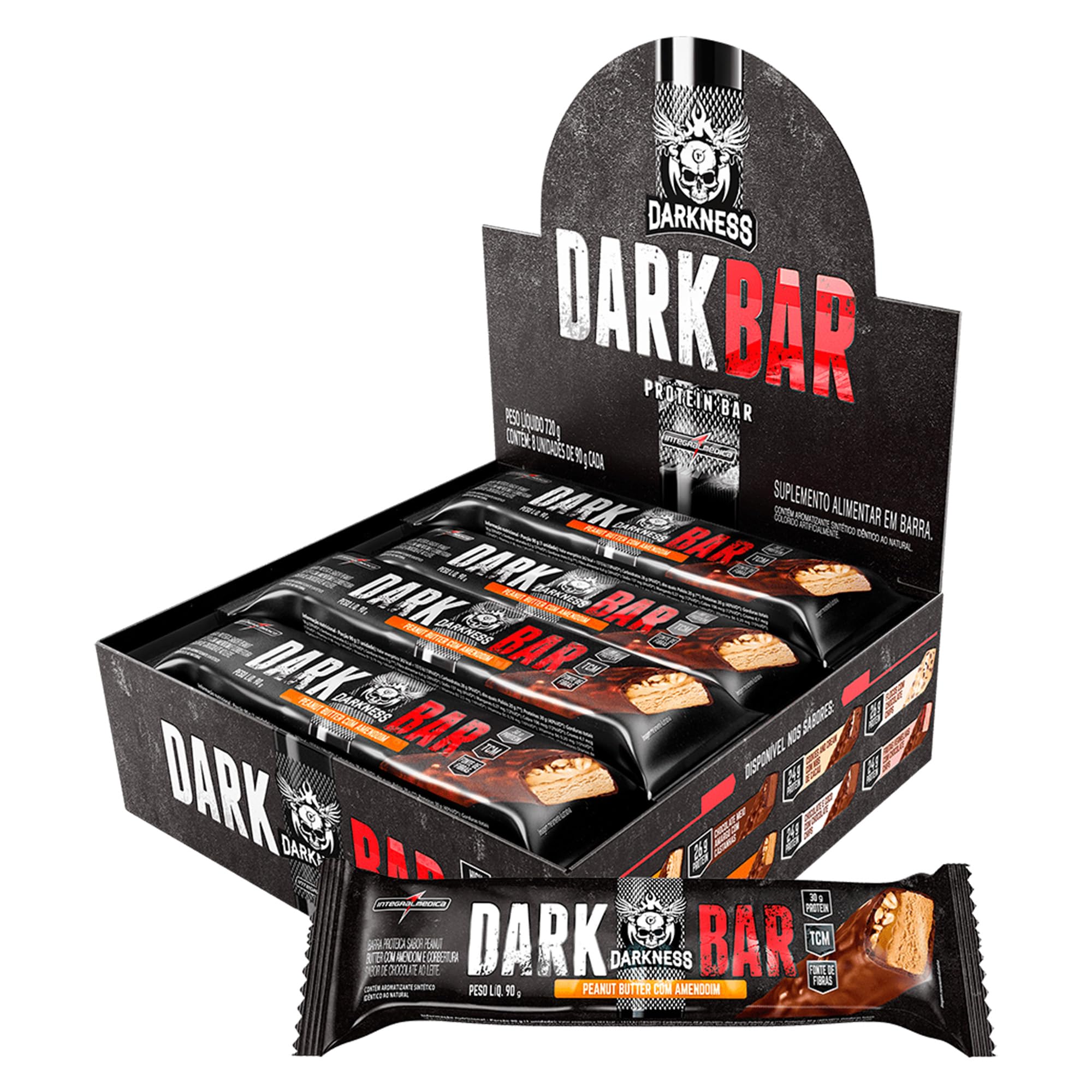 Caixa com 8 unidades da barra de proteína Dark Bar Peanut da Integralmédica