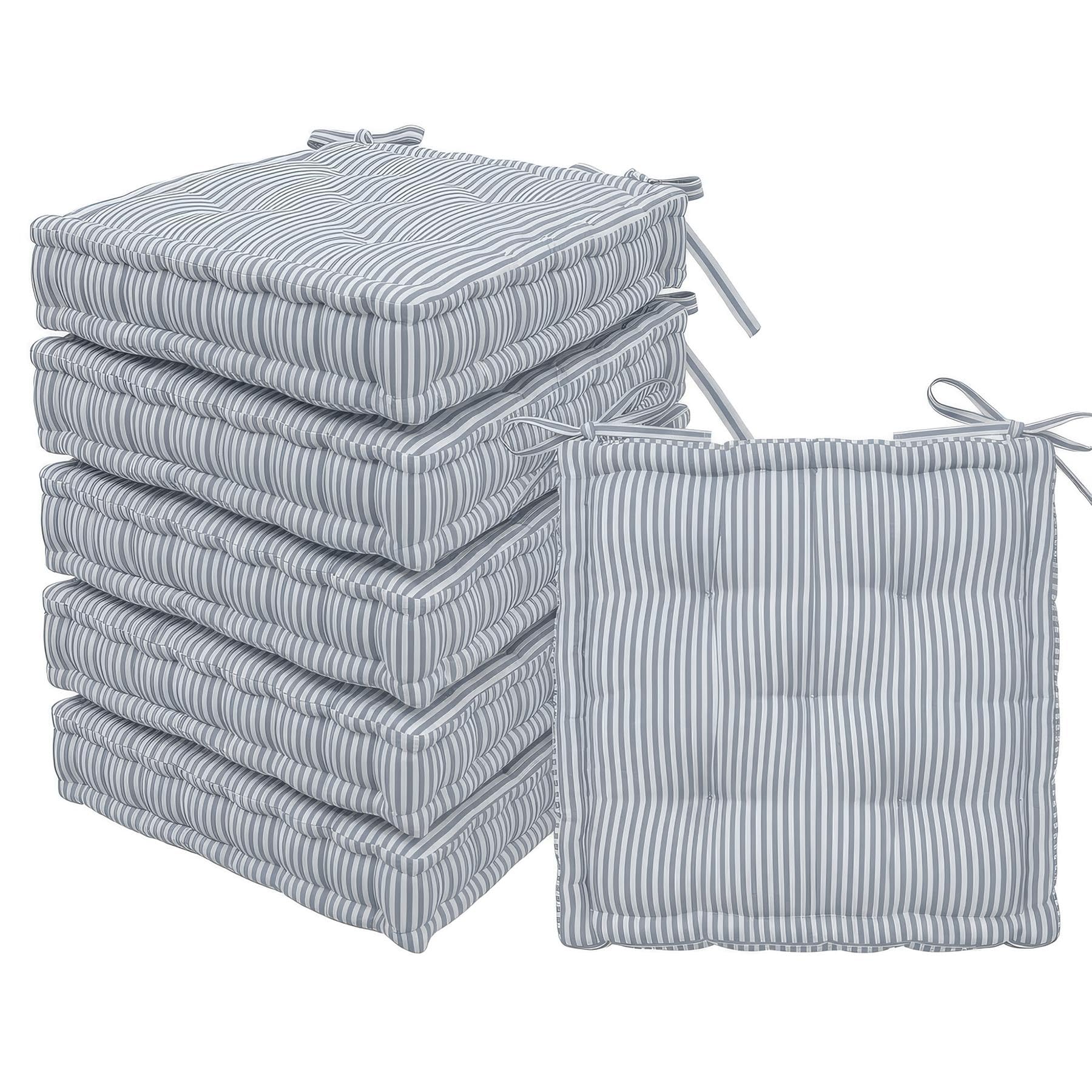 Harbour Housewares Square Seat Pads Pack of 6-40 x 40cm Extra Thick Cushions with Ties, Indoor Outdoor Chair Seat Pads for Dining Chairs, Garden, Patio & Bistro Seating - Grey Stripe