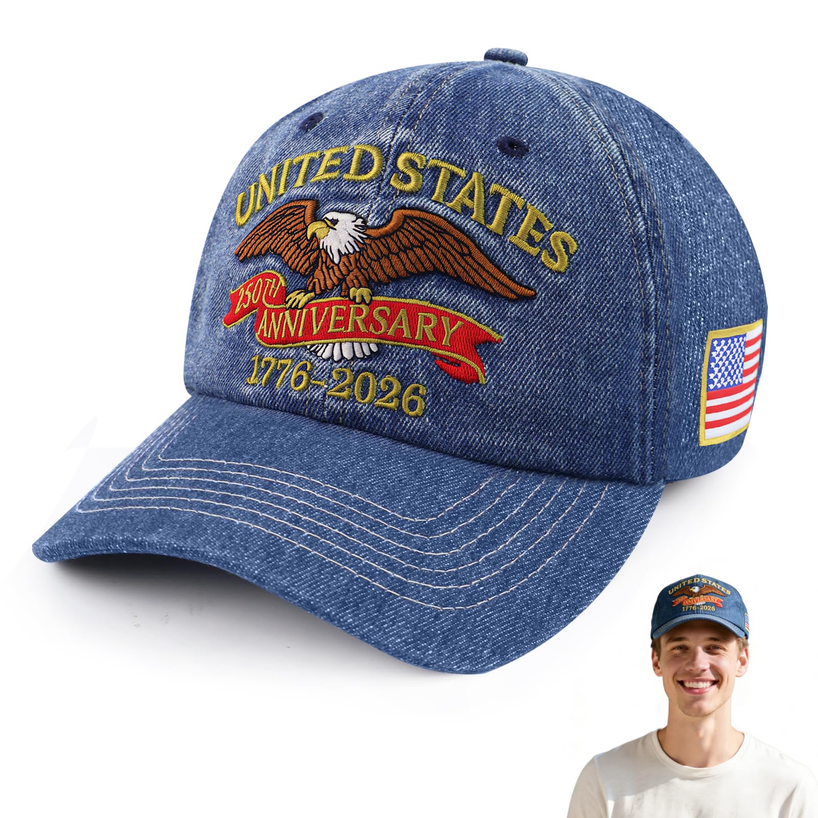 United States 250th Anniversary Hat, Adjustable USA Baseball Cap 1776-2026 American Eagles Hat Embroidered Hats for Men (Blue)