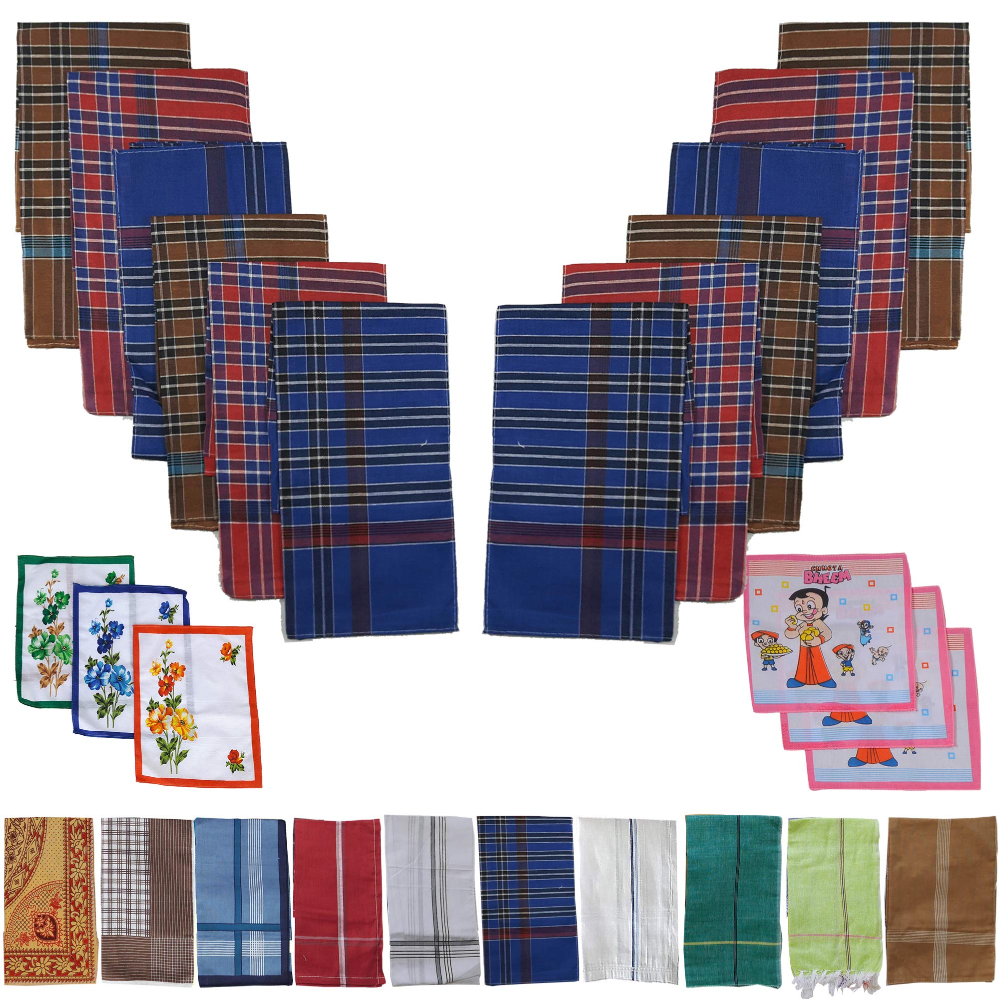 SAI PRASEEDA 100% Pure Soft Cotton Hand Kerchief_Hanky Multi Color Pack of 12 with Free 3 Ladies Kerchief_3 Kids Kerchief SP5-picture-27