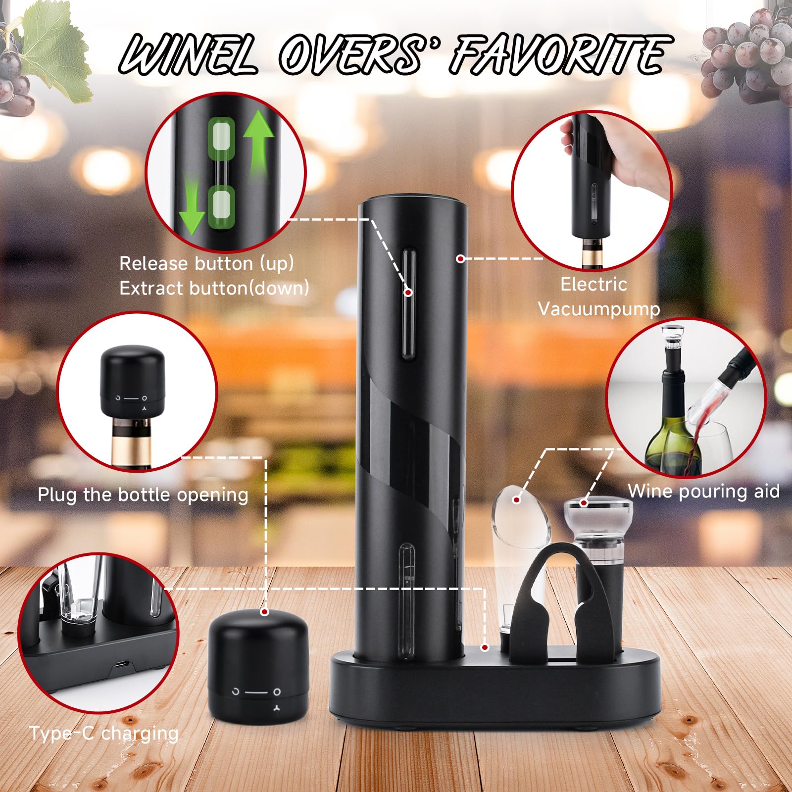 UCAMP 7 in 1 Sacacorchos Eléctrico Abridor de Vino Regalos Originales para Hombre con Abrebotellas, Cortador de Láminas, Tapones de Vacío, Boquilla Vertedora, Tapas de Sellado, Base de Carga y USB