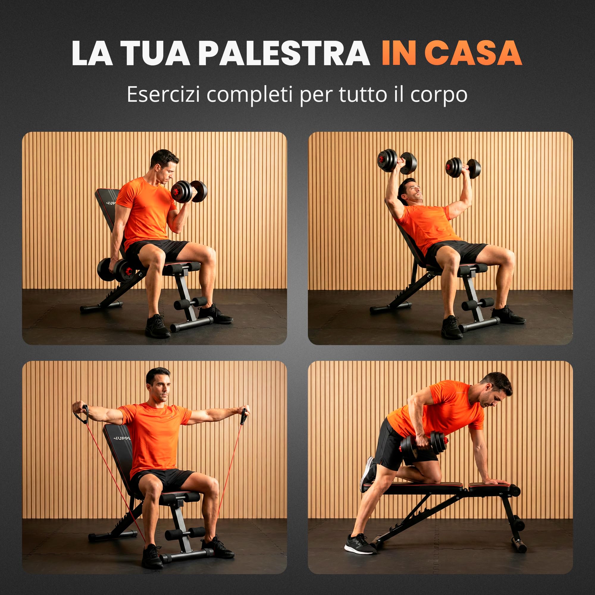 JUPPLIES Panca Pesi Pieghevole Multifunzionale 7 Posizioni | Inclinabile fino a 90° | Capacità 250kg | 2 Bande di Resistenza Incluse | Panca Palestra Casa
