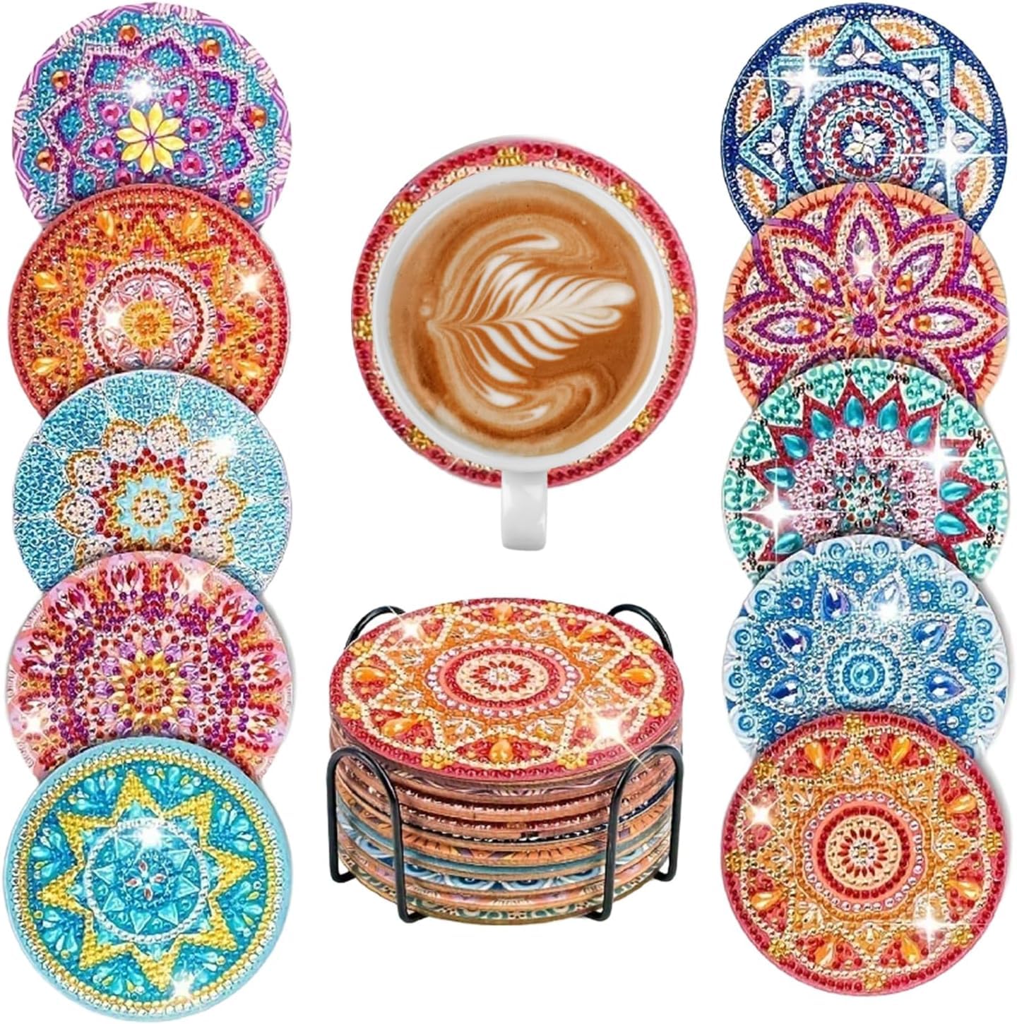 8 Stück Diamond Painting Untersetzer mit Halter - DIY Diamant Painting Set für Erwachsene & Kinder - Rund Mandala & Hund Motive Tassenuntersetzer mit Kork-Rückseite