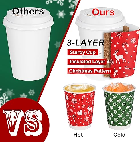 Miniatura 4 de Juego de 100 tazas de café desechables de Navidad de 12 onzas con tapas de cúpula, papel desechable de Navidad, taza aislada extragruesa para