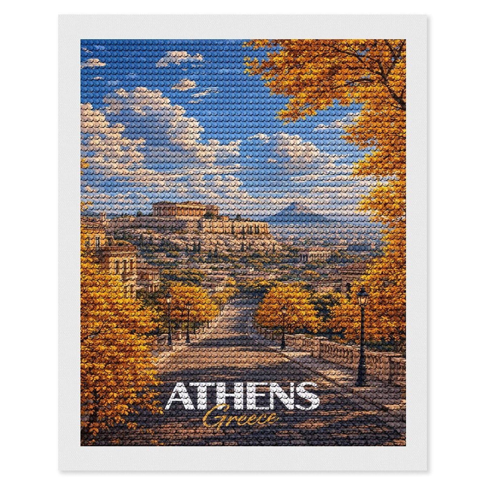Junmoney Athens, Greece Golden Round Drill Diamond Painting 16"x20", for Craft Lovers, Stress Relief Craft, Bedroom Decor, Festive Craft Gift