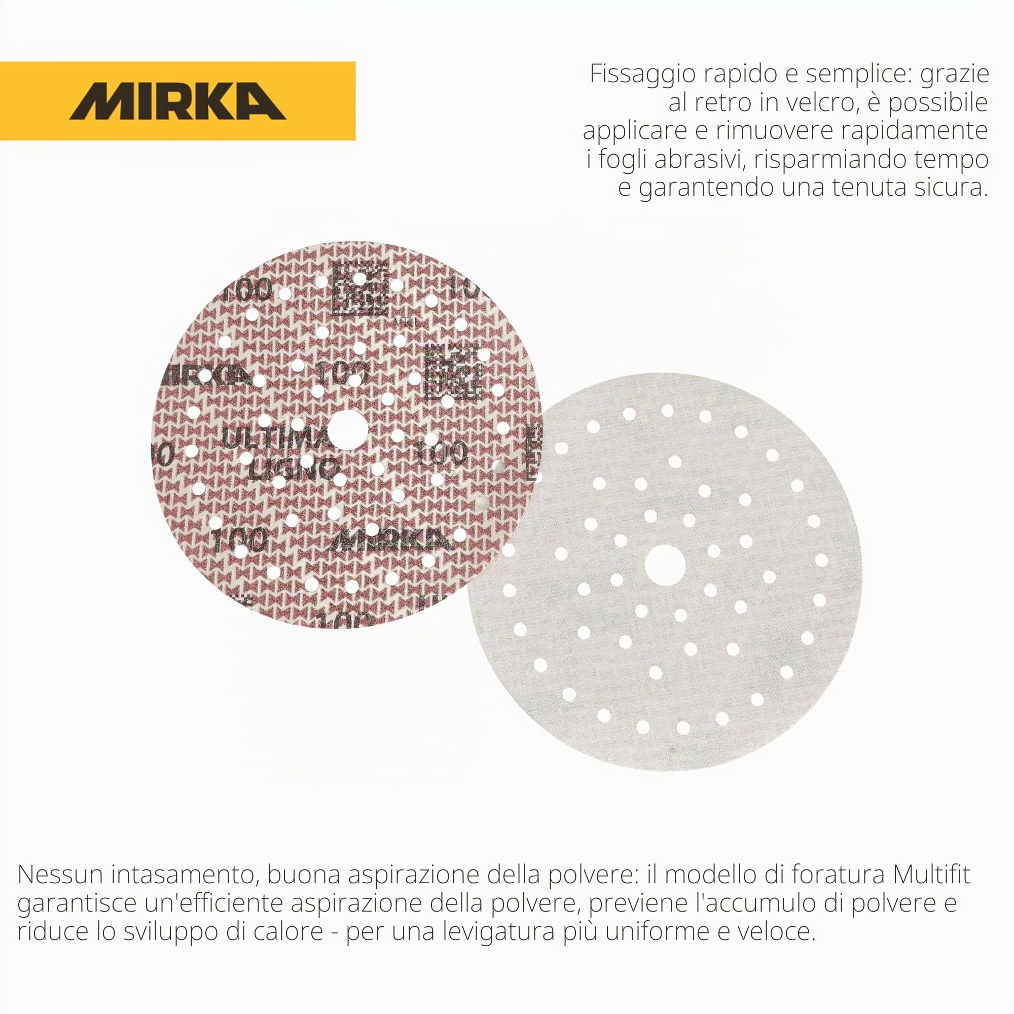 Mirka dischi abrasivi Ultimax Ligno Ø150 mm a strappo Multifit grana 100 | Dischi abrasivi a strappo Multifit grana 100 per levigatura legno alta efficienza e durata ottimale