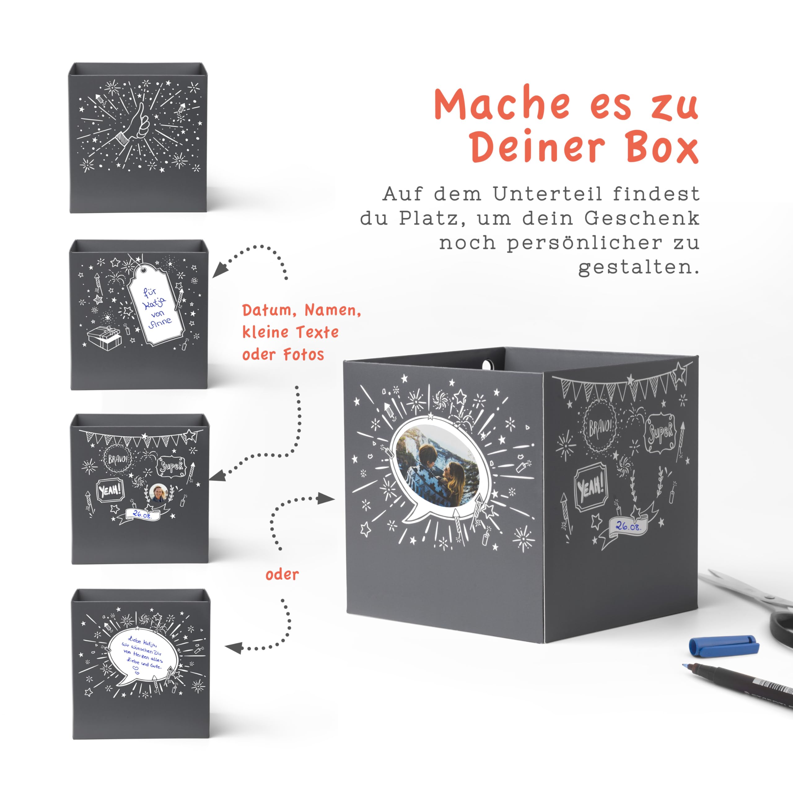 SURPRISA Geschenkboxen Set, 3er Pack Rätselboxen für Geldgeschenke & Gutscheine, Valentinstag, Jahrestag & Hochzeit, Briefmarkenrätsel, Herzrätsel & Liebesrätsel, Größe S (12cm)