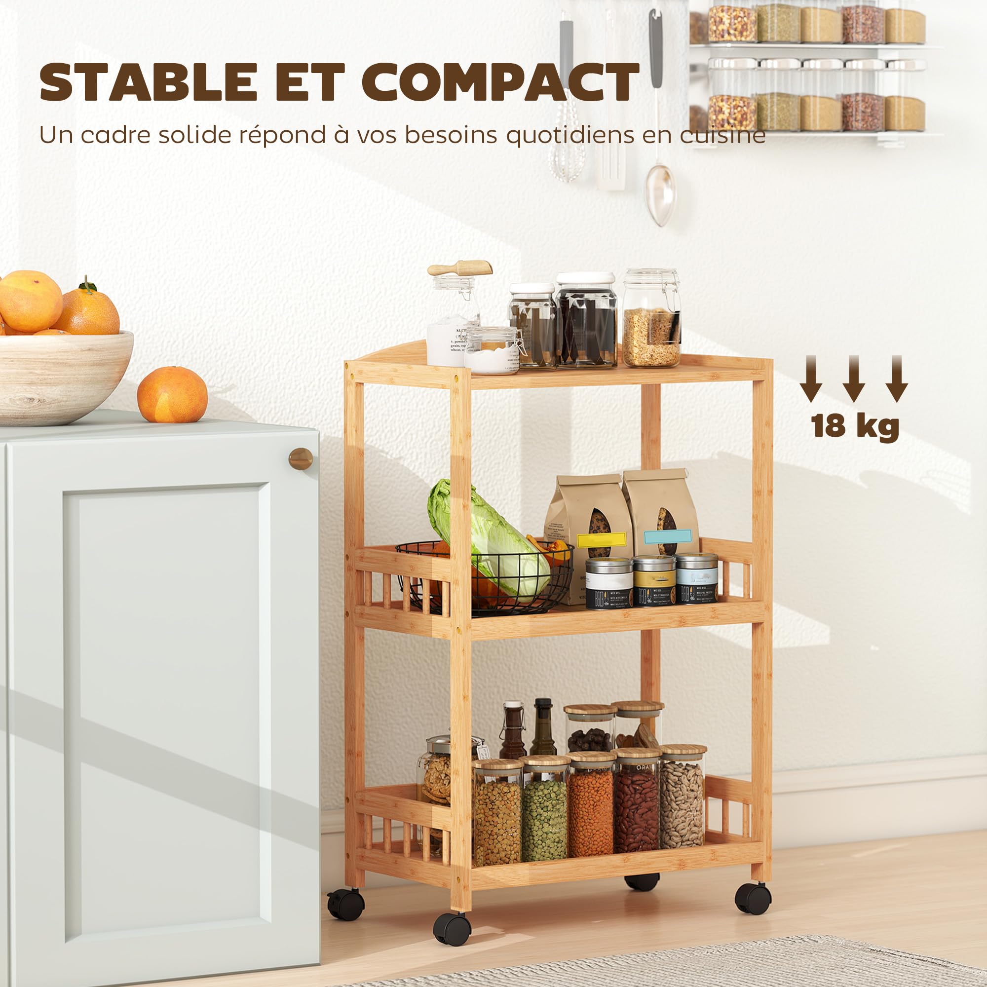 HOMCOM Chariot de Cuisine à 3 Niveaux, desserte à roulettes en Bambou, desserte Cuisine Multifonctionnel pour Chambre, Salon, Bureau, 53 x 30,5 x 83 cm, Bois Naturel