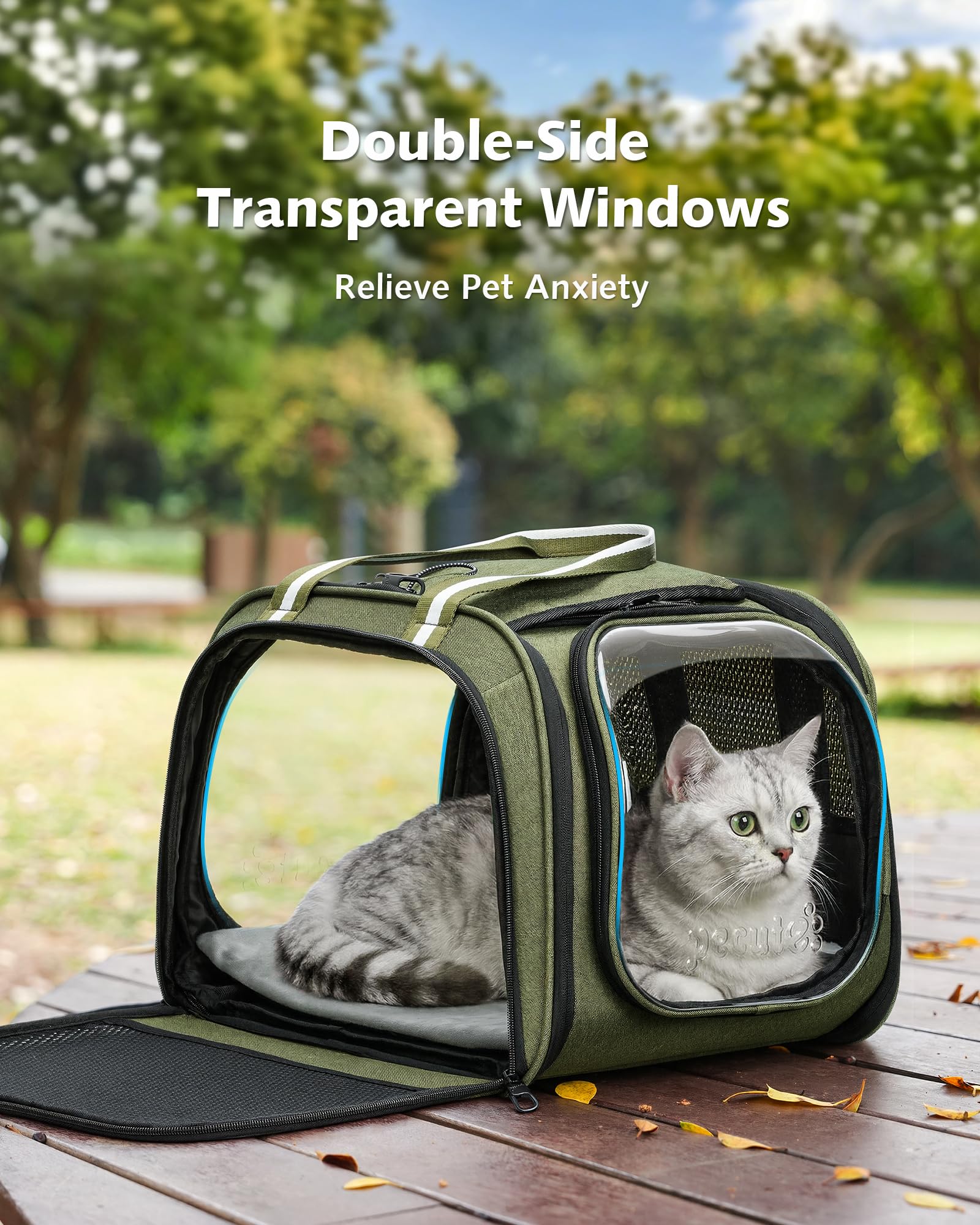 Pecute Sac Transport Chat Grande Capacité, Sac De Transport pour Chat Respirant, Stransport À Bulles pour Chats Curieux, Sac De Transport pour Chien, Vert, M