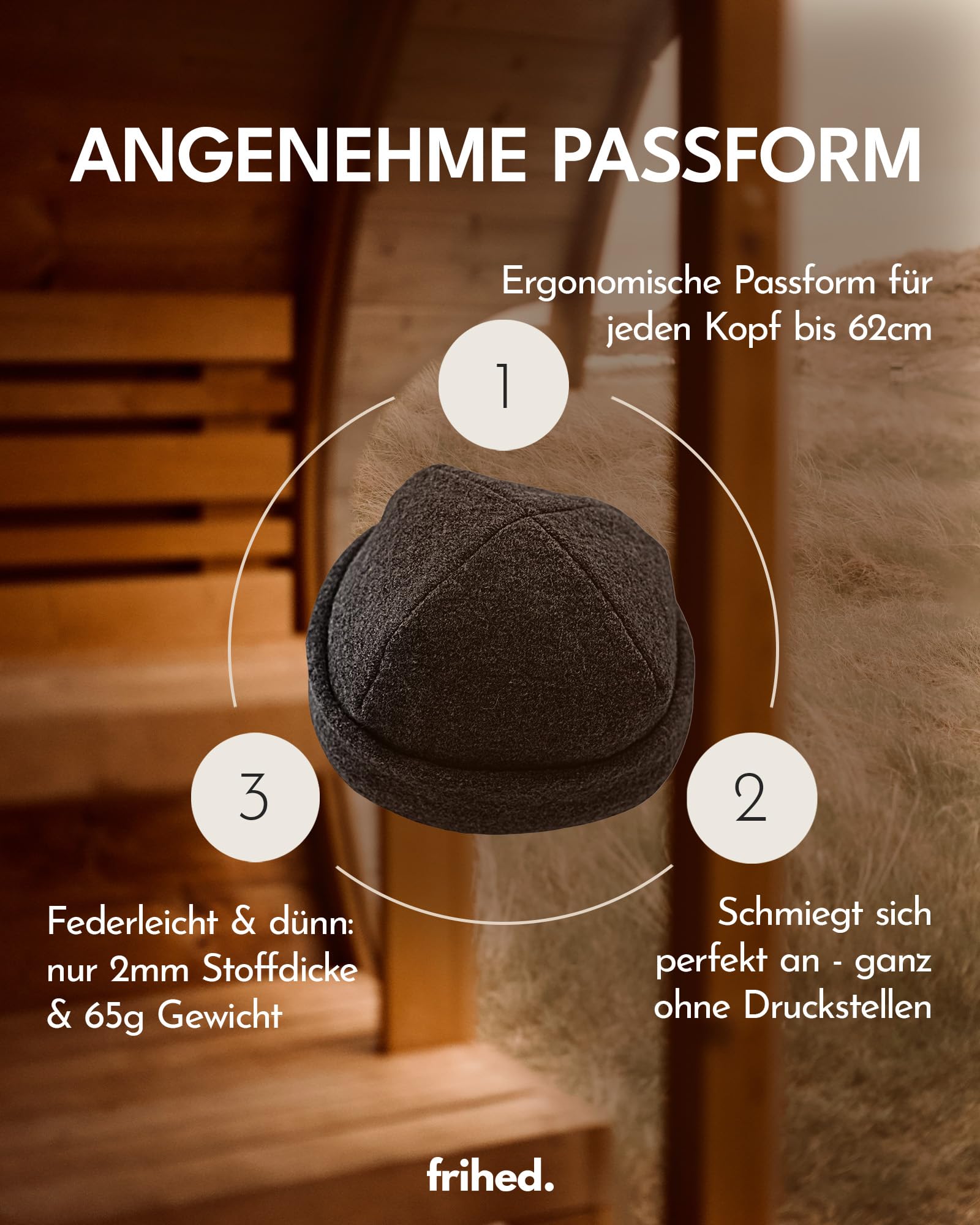 frihed. Saunahut Anthrazit aus Wollwalk 100% Schafschurwolle Premium Sauna Accessoire Flexible Größe Made in Lüneburg
