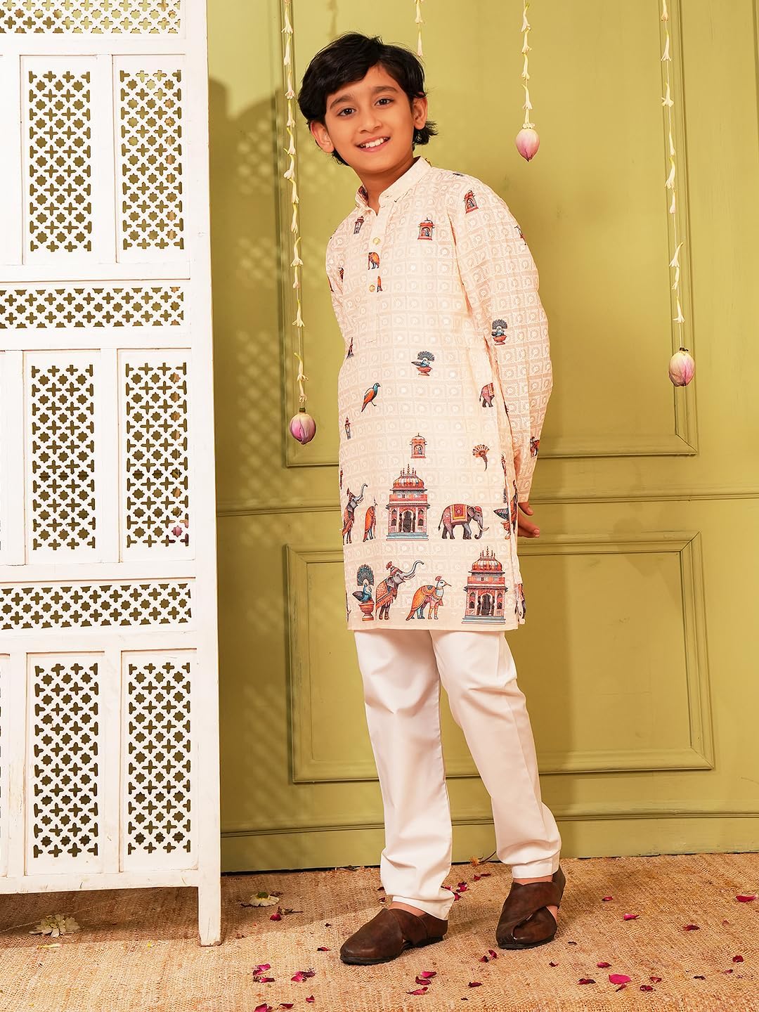 AJ DEZINES Kids Indian Ethnic Wear Kurta For Boys|Boys Indian Outfit|Traditional & Festive Wear|Cotton Printed Pink Kurta
