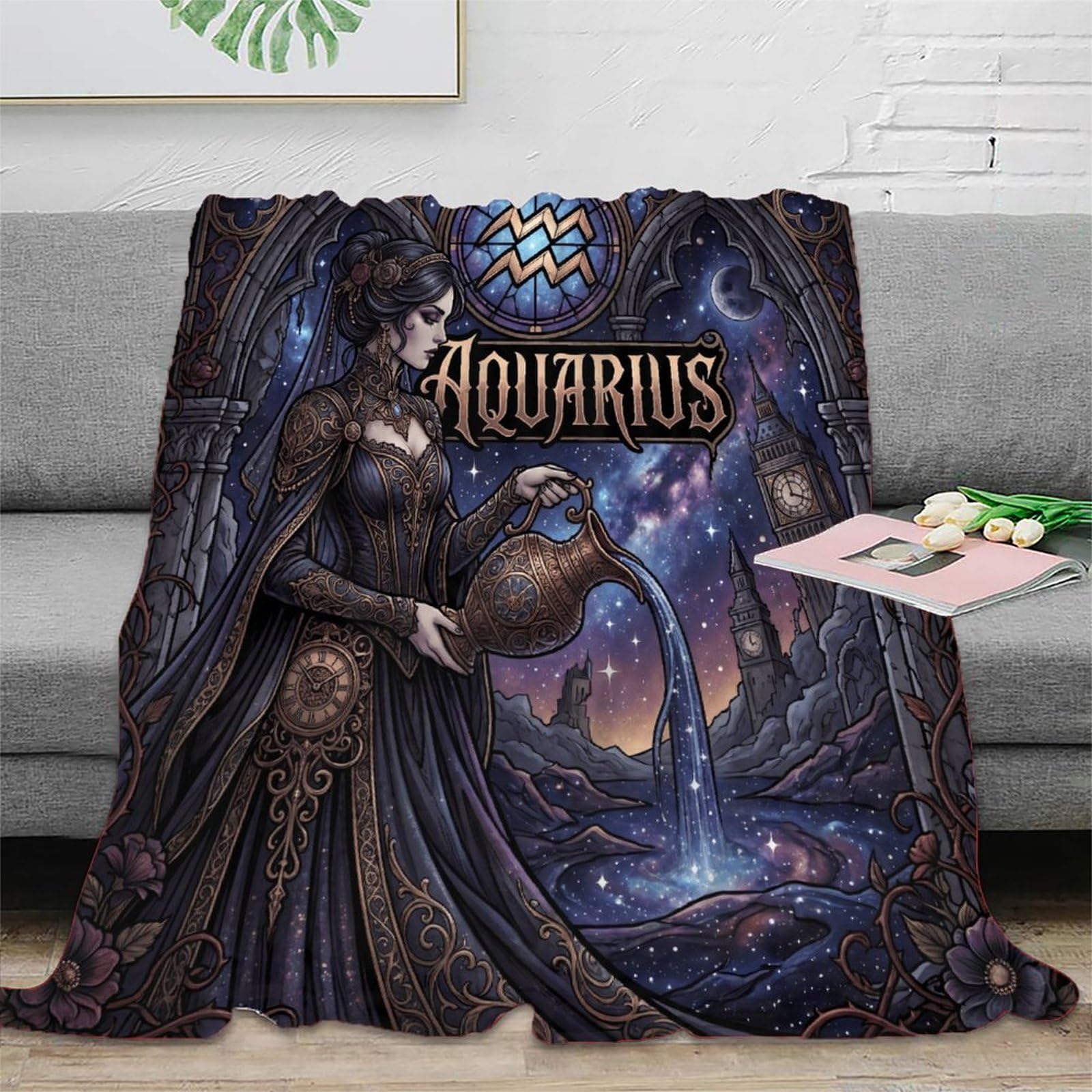 H3B8U2Y5 Aquarius Zodiac Mysterious Flannel Throw Blanket, Bedroom Nap Use
