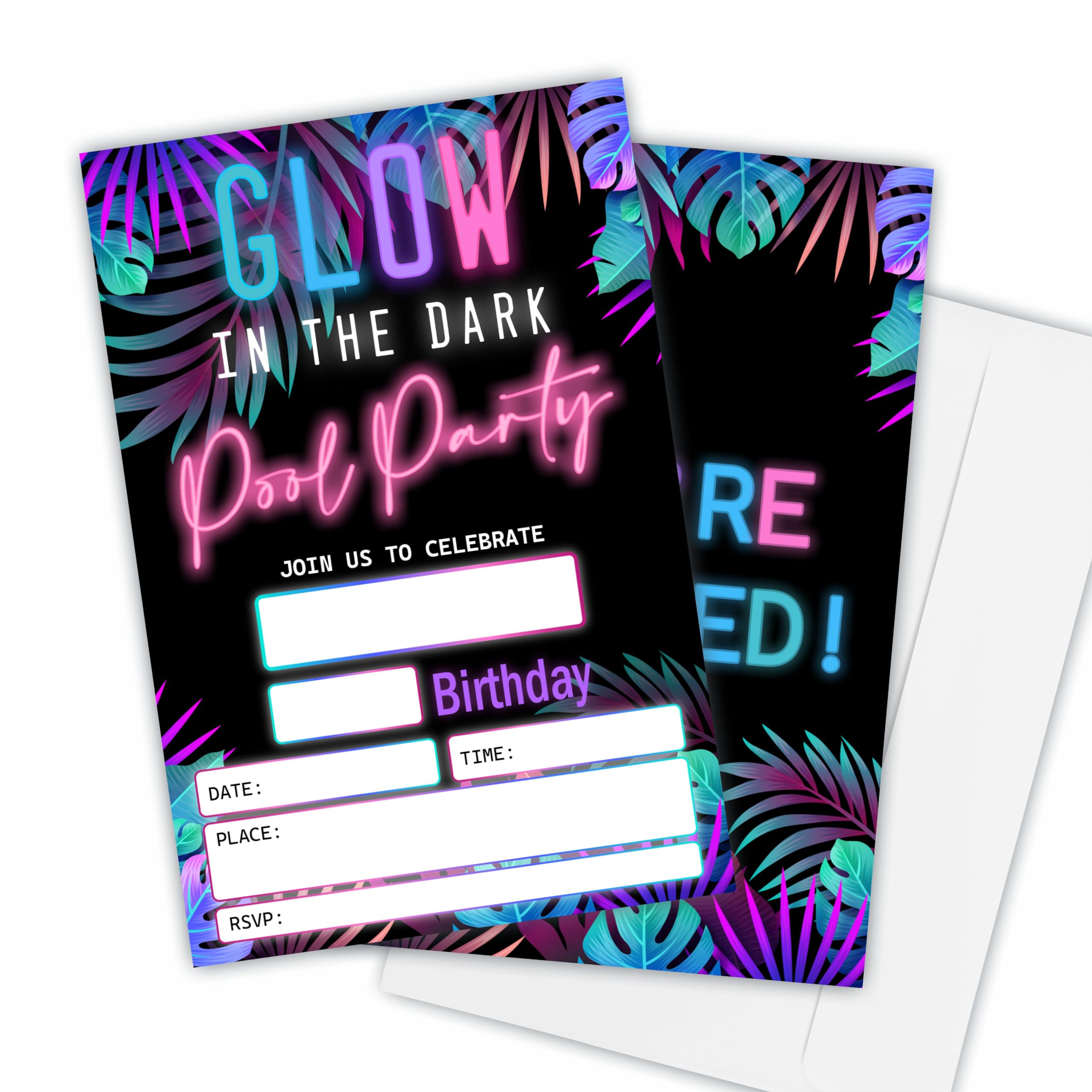 Nuckxy Glow In The Dark Birthday Invitations(4"X 6"), Tropical Pool Party Double-Sided Invites, Kids & Adults Birthday Invites With Envelopes, Party
