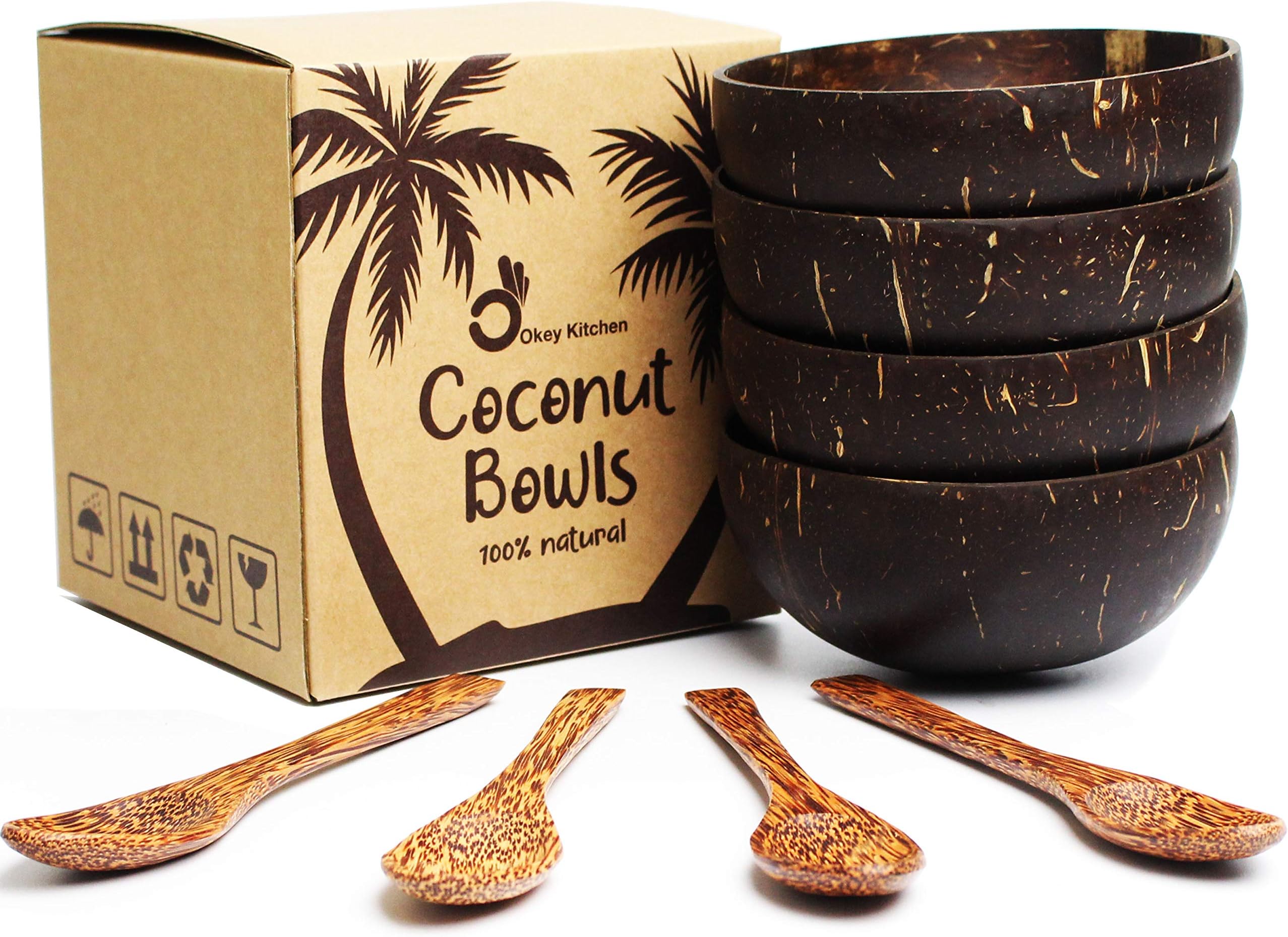 Set of 4 Vietnamese Coconut Bowls and Spoons by Okey Kitchen, 100% Natural, Organic, Eco-Friendly, Vegan, Buddha Smoothie Coco Bowl and Spoons from Ben Tre Artisan Craft (Polished)