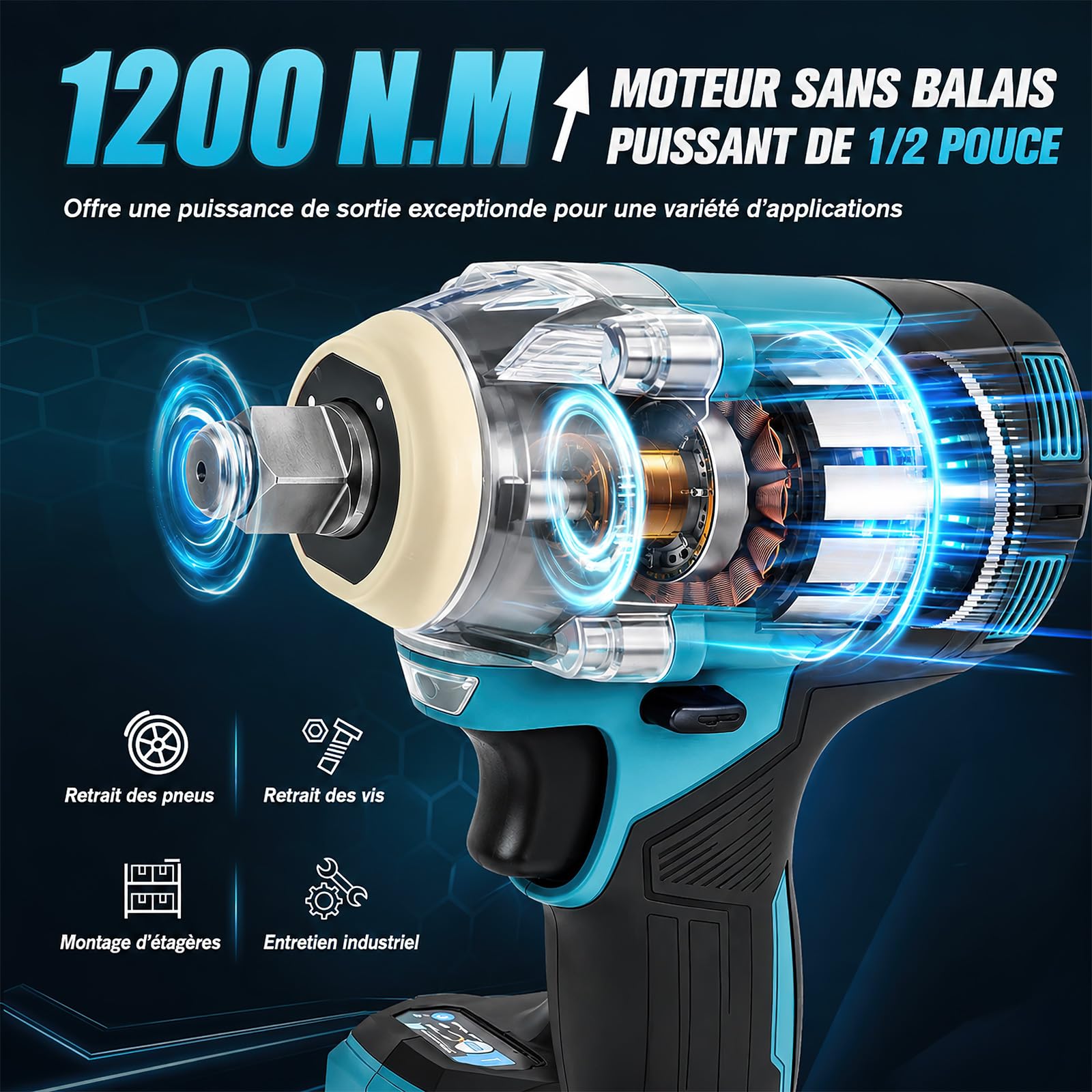 Clé à Chocs Sans Fil 1200N.m, Cle a choc sur 2 Batterie, Boulonneuse a Choc Electrique 1/2", 21V 3 en 1 Visseuse à Chocs, avec lumière LED, 5 Douilles à Chocs, pour Maison/Voiture/DIY