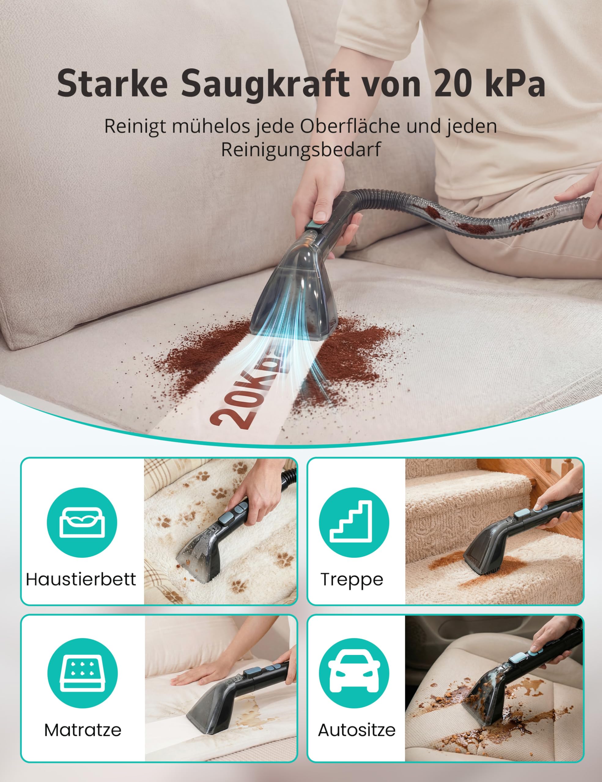Aspiron Polsterreiniger Gerät, 3-in-1 Dampfreiniger mit Heiß-/Kaltwasser- und Dampfwäsche, 300 ML Teppichreiniger, Nasssauger für Teppich Sofa Auto Matratze, Waschsauger für Haustierbesitzer Familien