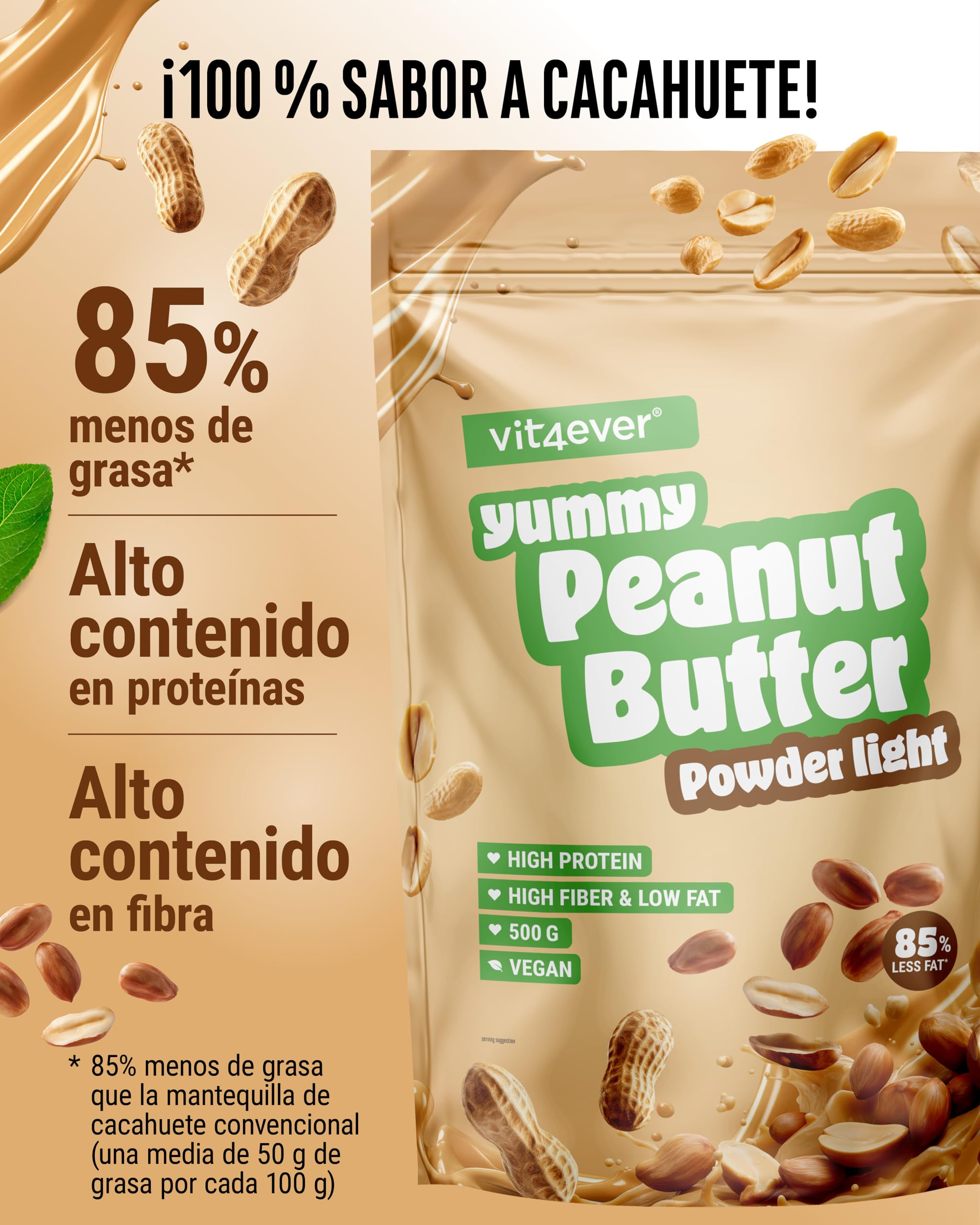 Mantequilla de cacahuete light en polvo 500 g - Powdered Peanut Butter 85% menos de grasa, sin azúcar - Crema de mantequilla de cacahuete con un delicioso sabor - Vit4ever