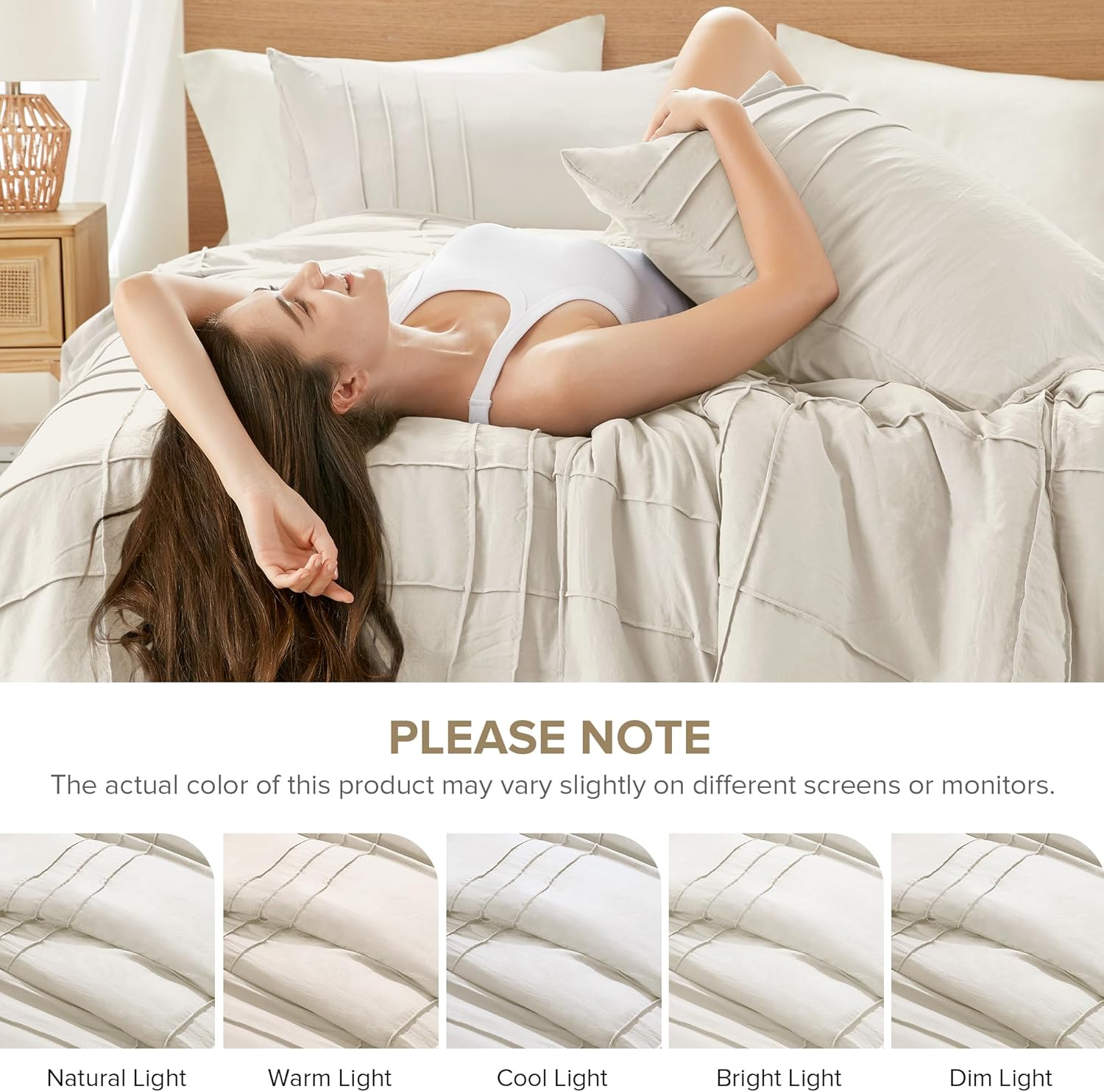 Comfort Spaces Cream King Size Duvet Cover Set - 3 Pieces Pintuck Pleated Duvet Cover, All Season Lightweight, Extra Softness Pre-Washed Microfiber King Bedding Cover Shams - Image 7