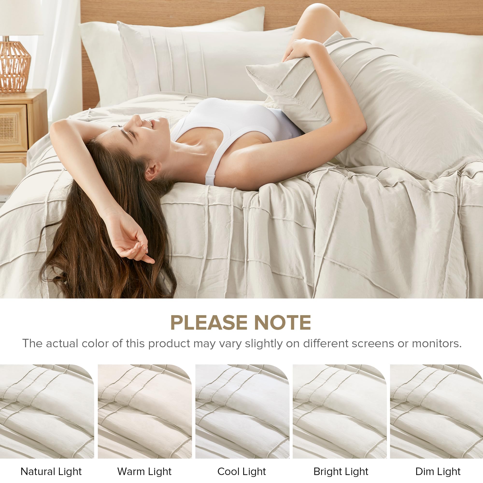 Comfort Spaces Kremowy zestaw poszewek na kołdrę typu king-size, 3 sztuki, plisowana poszewka na kołdrę, całoroczna, lekka, przypominająca bawełnę, wstępnie sprana poszewka na kołdrę z mikrofibry,
