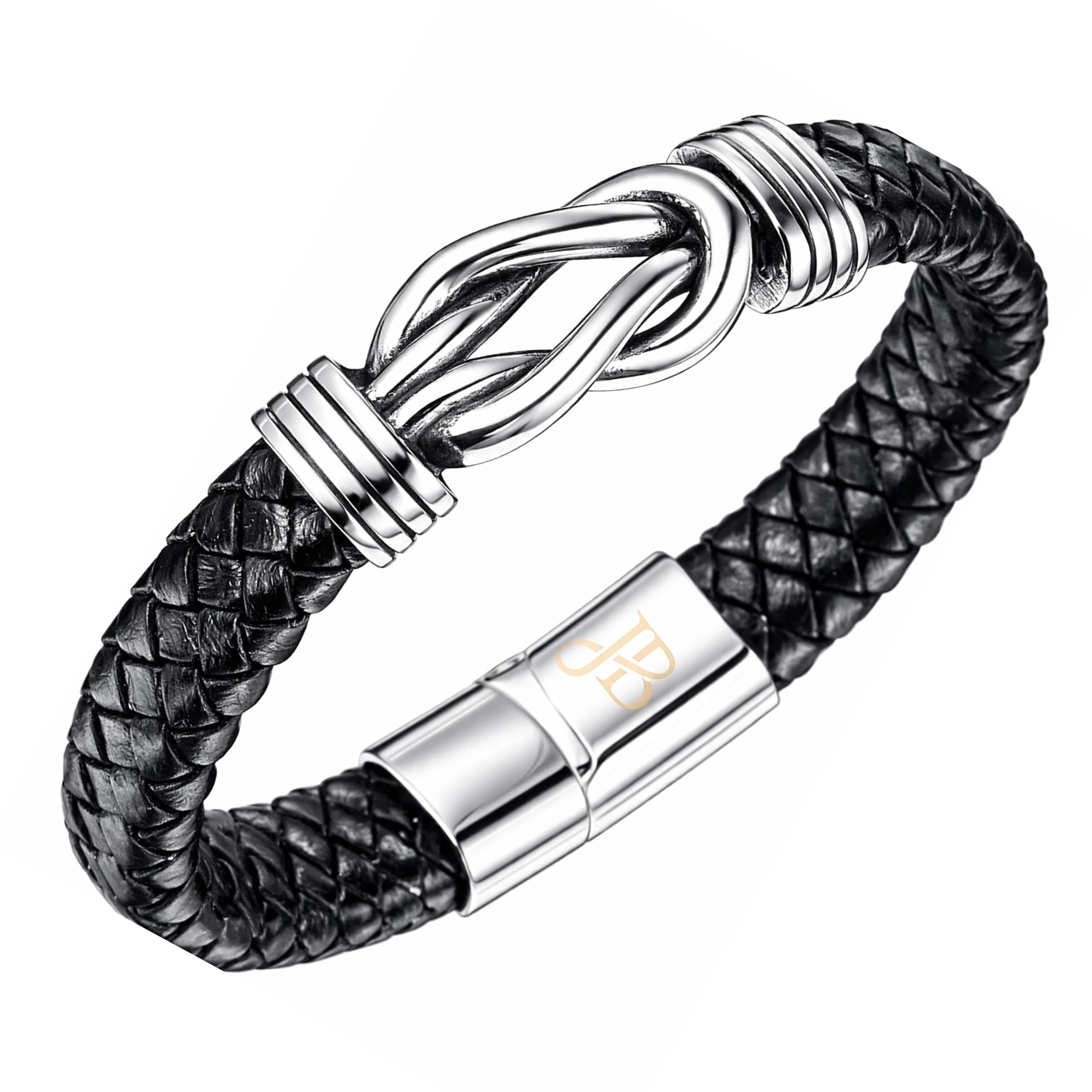 Men’s Black Leather Infinity Knot Bracelet 21 cm – Stainless Steel Magnetic Clasp, Punk & Modern Wristband – Gift for Him