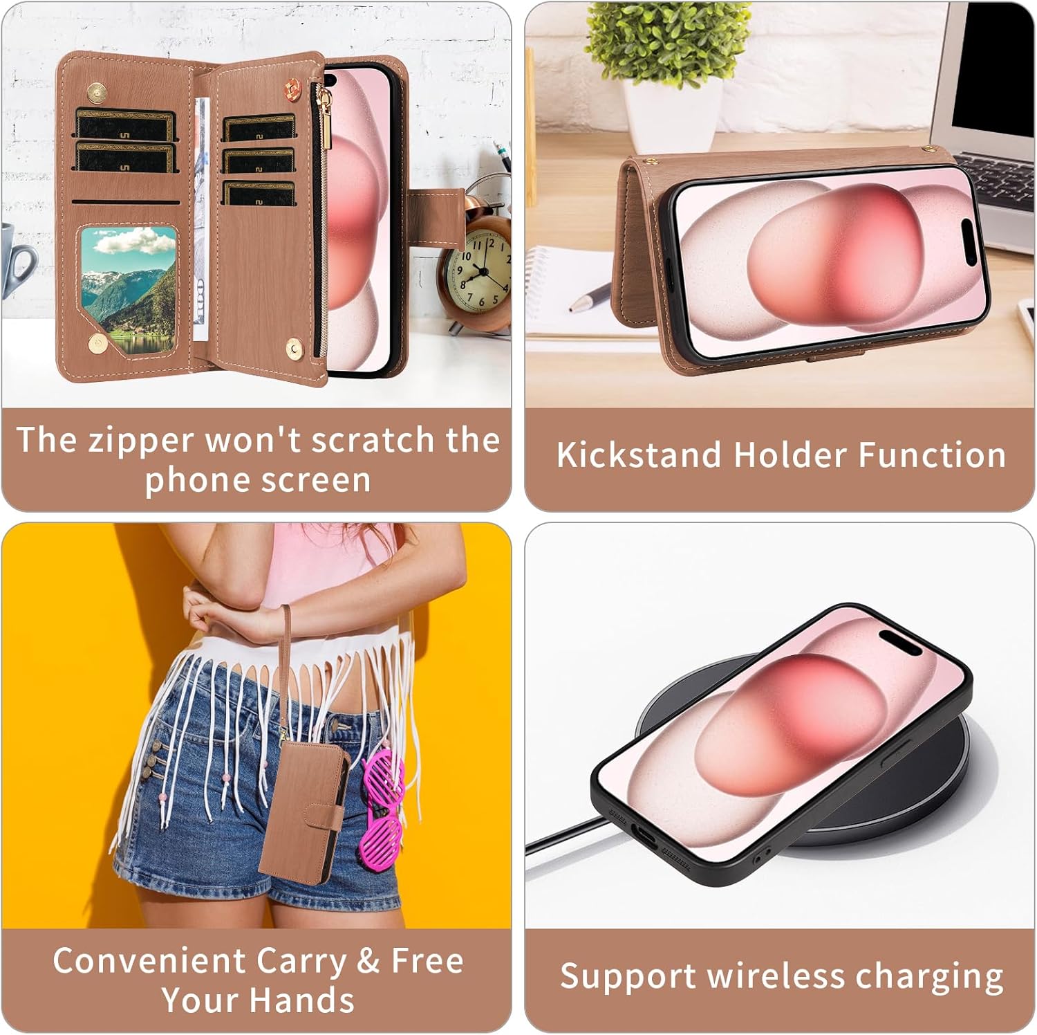 Asuwish Phone Case for iPhone 15 6.1 inch Zipper Wallet Magnetic Detachable Cell Cover with Tempered Glass Screen Protector Crossbody Lanyard Strap Card Holder i Phone15 i15 15Case Women Girls Brown
