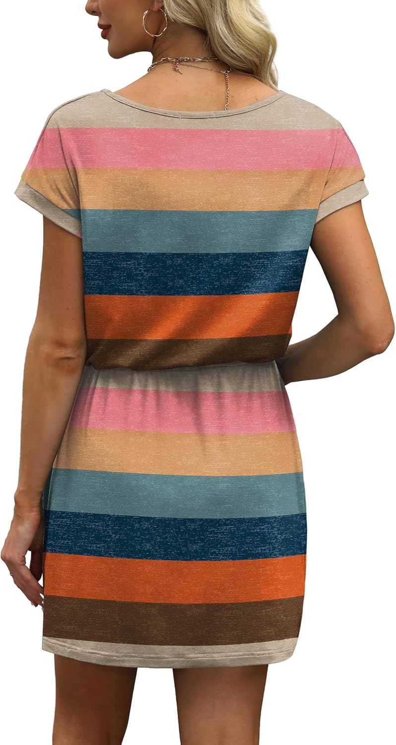 OFEEFAN Summer Dresses for Women 2026 V Neck T Shirt Casual Mini Dresses Tie Waist Sundresses with Pockets thumbnail