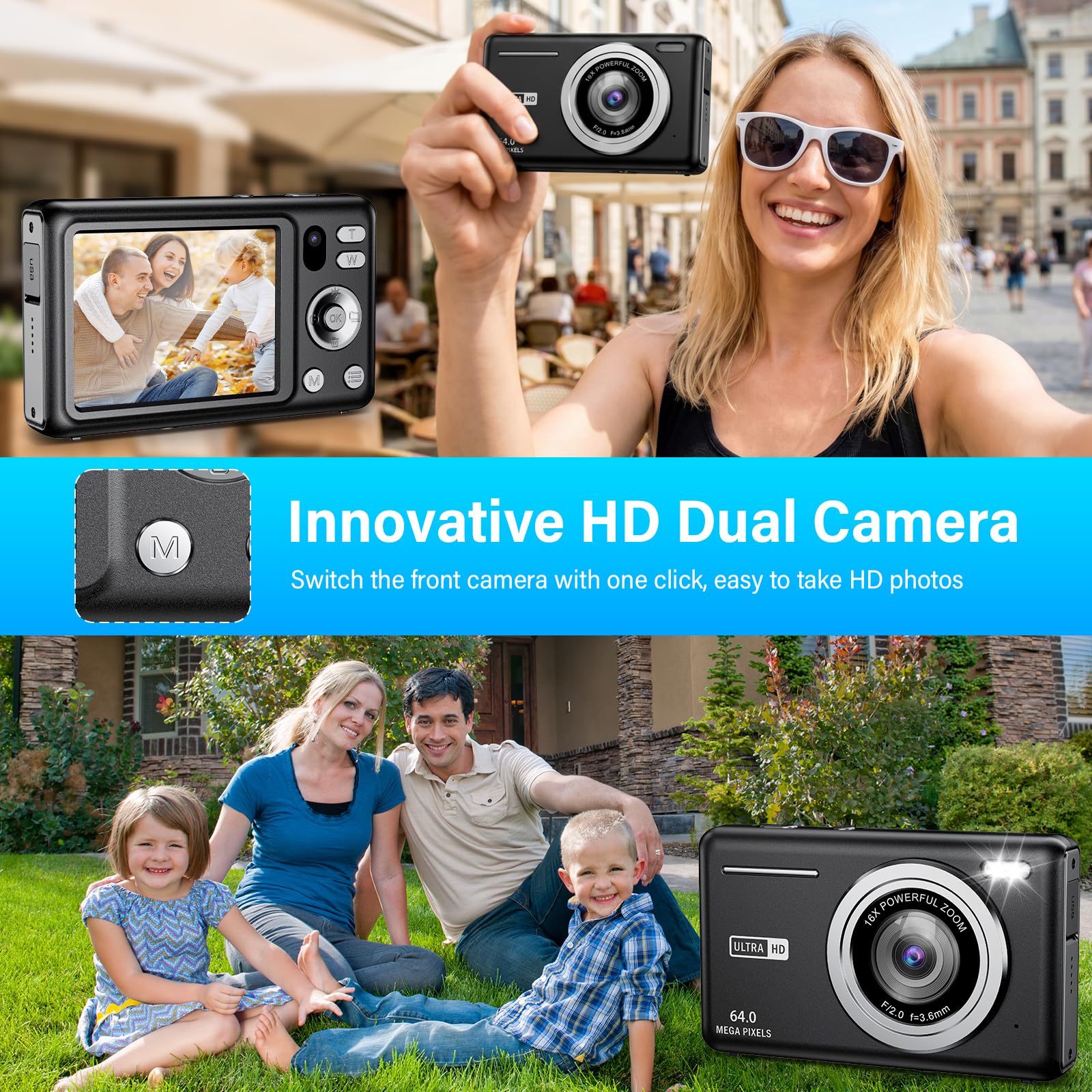 Cámara de Fotos 64MP 4K Cámara Digital Compacta con Zoom 16X 2,8" LCD Compacta Portátil Cámara con Tarjeta 32GB para Niños Principiantes Adulto (Negro)