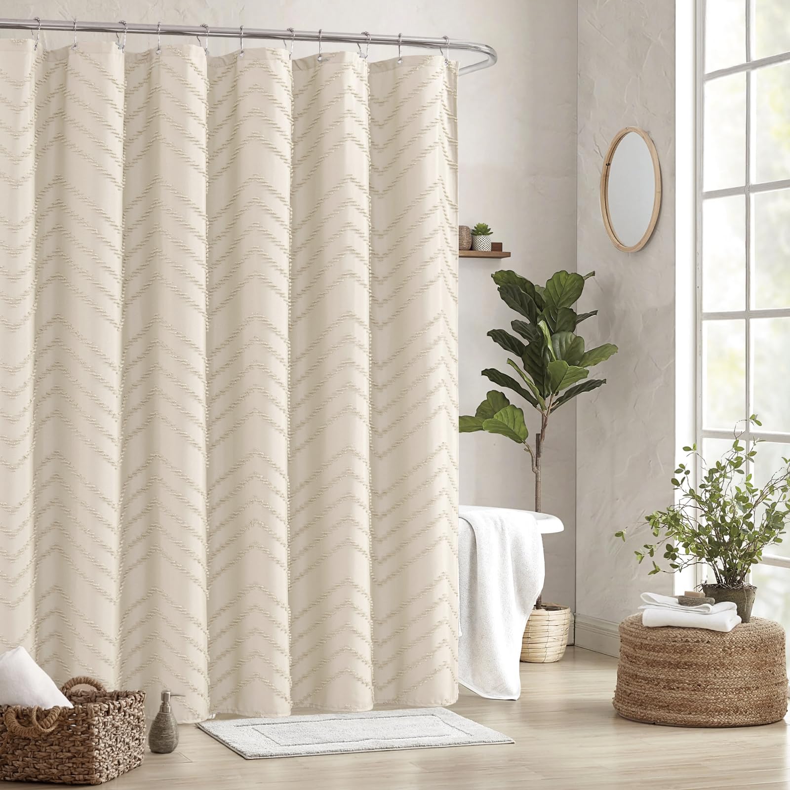 Tenda da doccia in stile bohémien, 183 x 182 cm, moderna, stile bohémien, chic, trapuntata, a righe, minimalista, in tessuto beige, crema