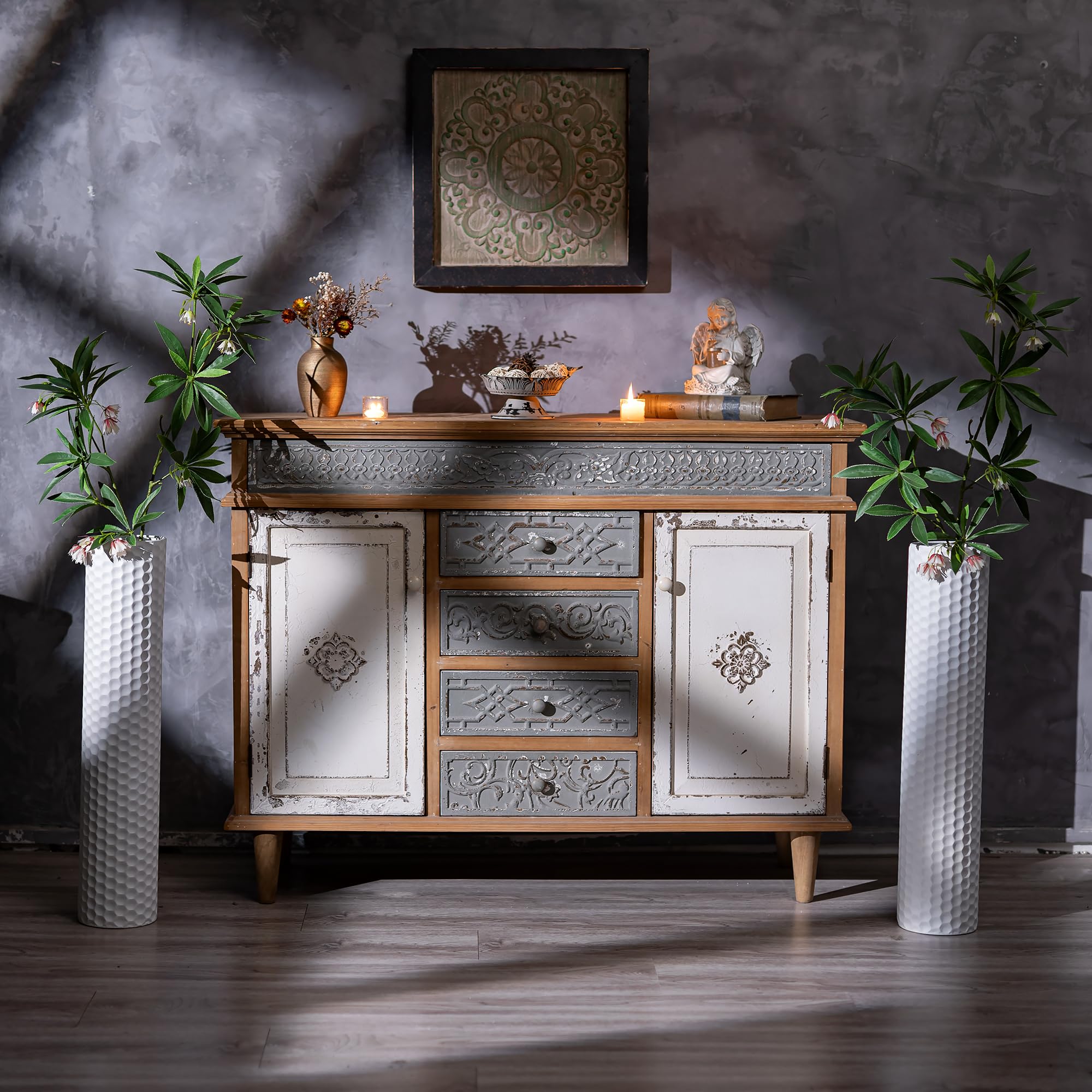 Sziqiqi Weiß Bodenvase Groß 70cm: Hoch Vasen Set aus 2 für Trockenblumen Pampasgras Kunstblumen - Metall Große Bodenvasen für Boden Kaminofen Sideboard Kommode Hauseingang Innen Home Deko | 70,1 cm extra großer Bodenständer mit Wabenstruktur, groß stehend