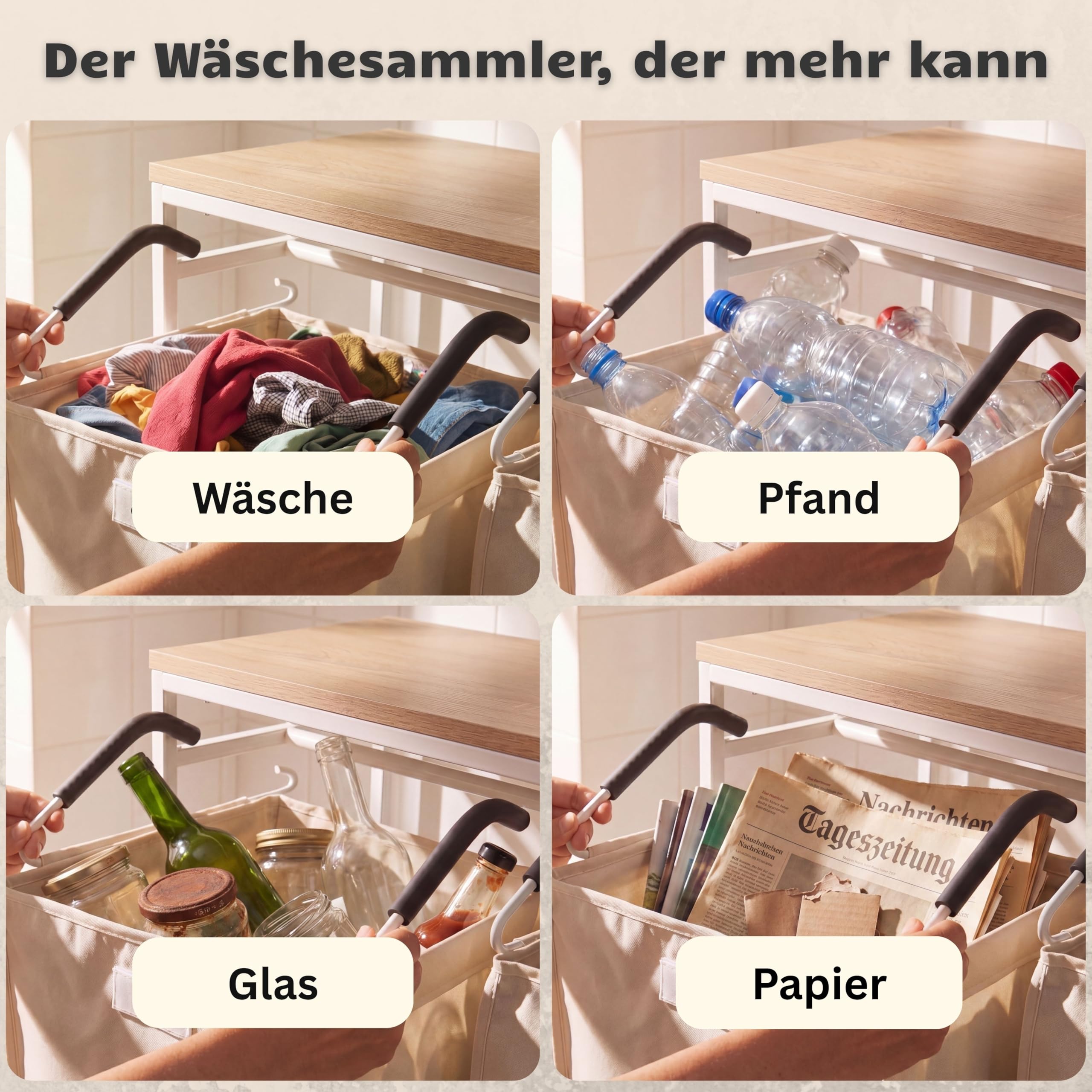 Wäschesammler Organizer mit abnehmbaren Taschen 200L Volumen [mehr Ordnung] Wäschekorb 2 Fächer, Wäschekorb 4 Fächer, Wäscheschrank | Wäschesortierer jetzt auswählen (Beige, 4 Taschen)