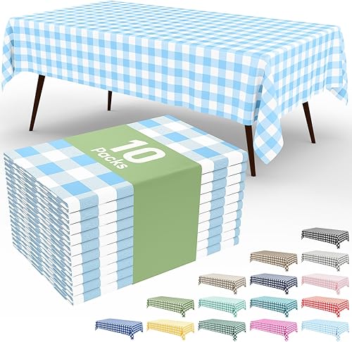 Vista 168 de Smiry Paquete de 10 Manteles Desechables de Cuadros Vichy Azules - 54" x 108" Mantel de Plástico de Servicio Pesado, Cubiertas de Mesa Impermeables
