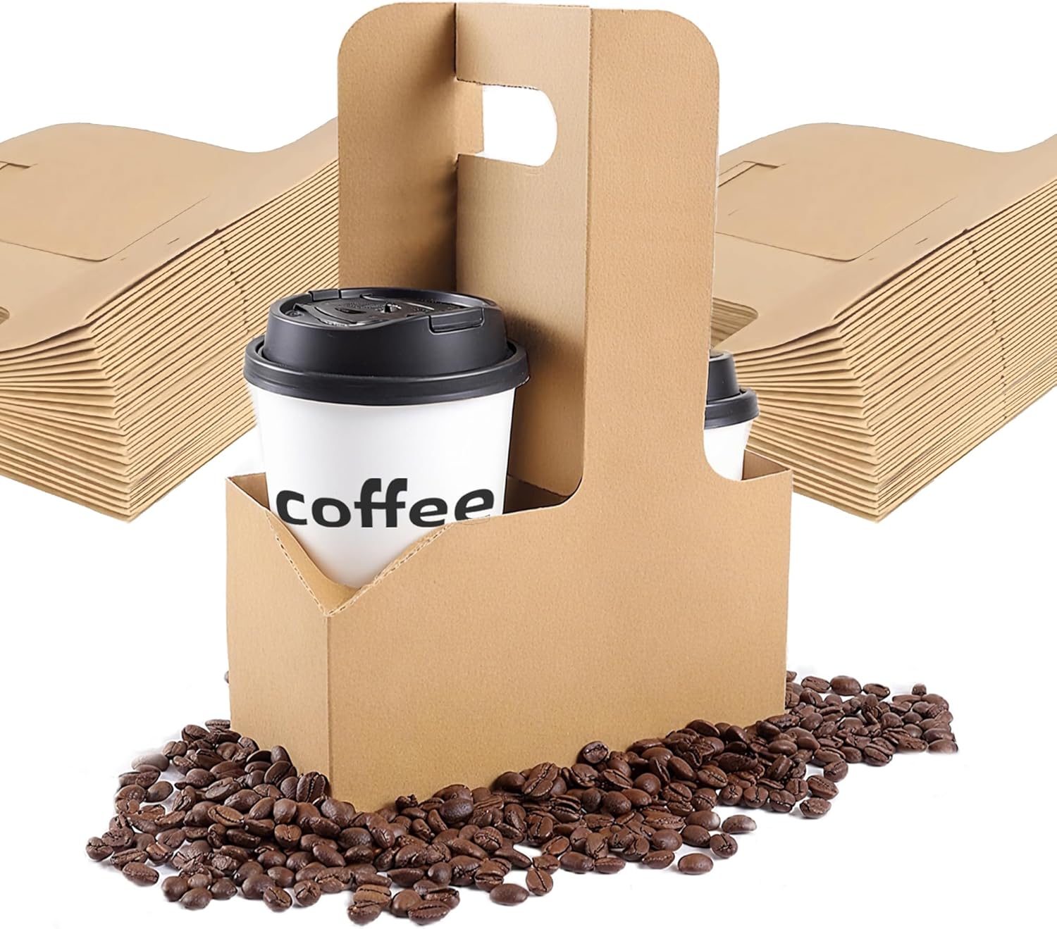 200 Pack Paperboard Drink Carrier with Handle, 4 Cups Disposable Beverage Holder Fits 12-32 OZ, Sturdy Paper Cup Carrier for Coffee, Tea, Soda - Ideal for Cafes, Restaurants, Travel and Home Use