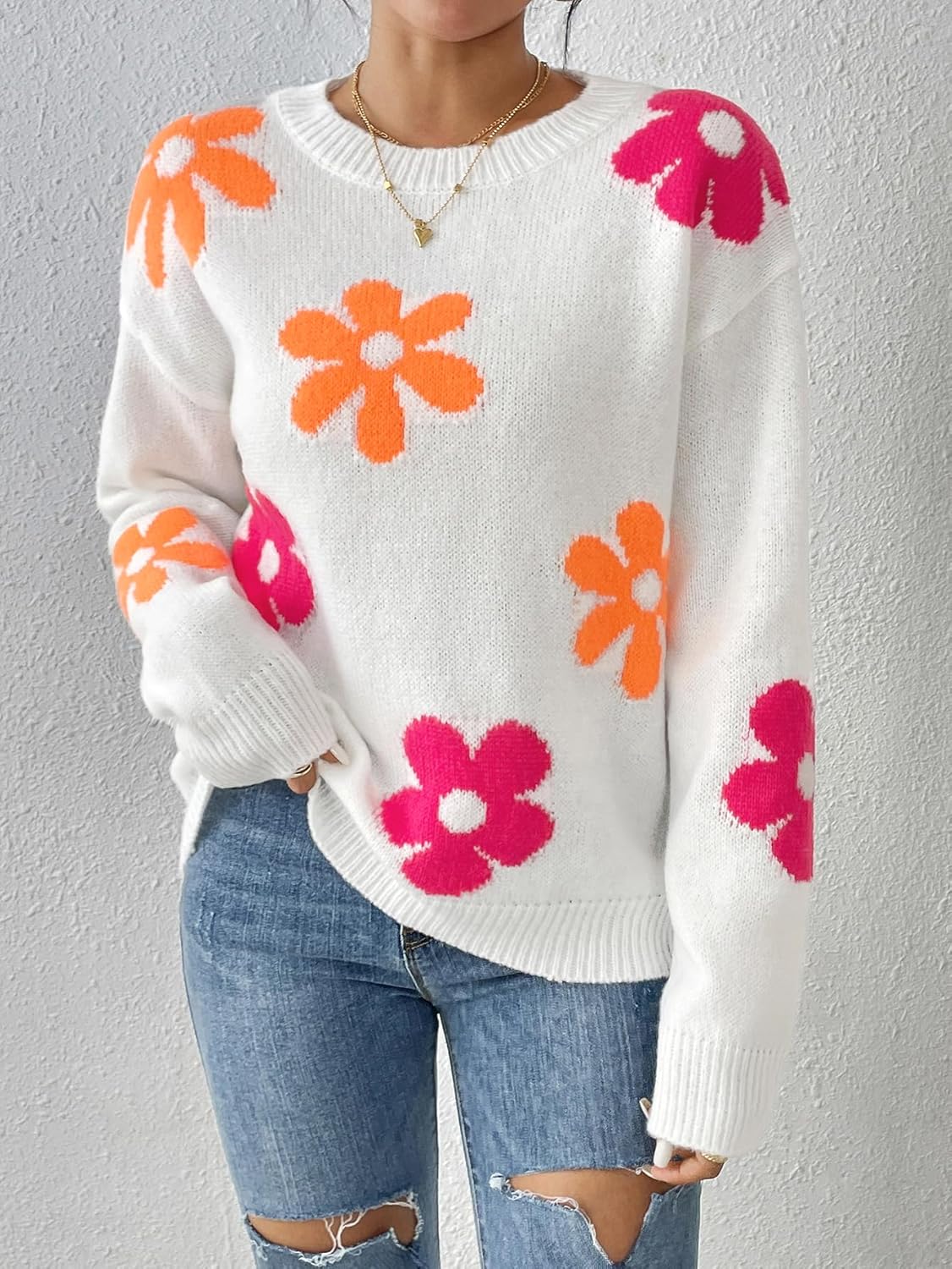 Womens Oversized Cute Flower Sweater Valentine Day 2026 Trendy Vintage Floral Knit Crewneck Pullover Tops - Image 2