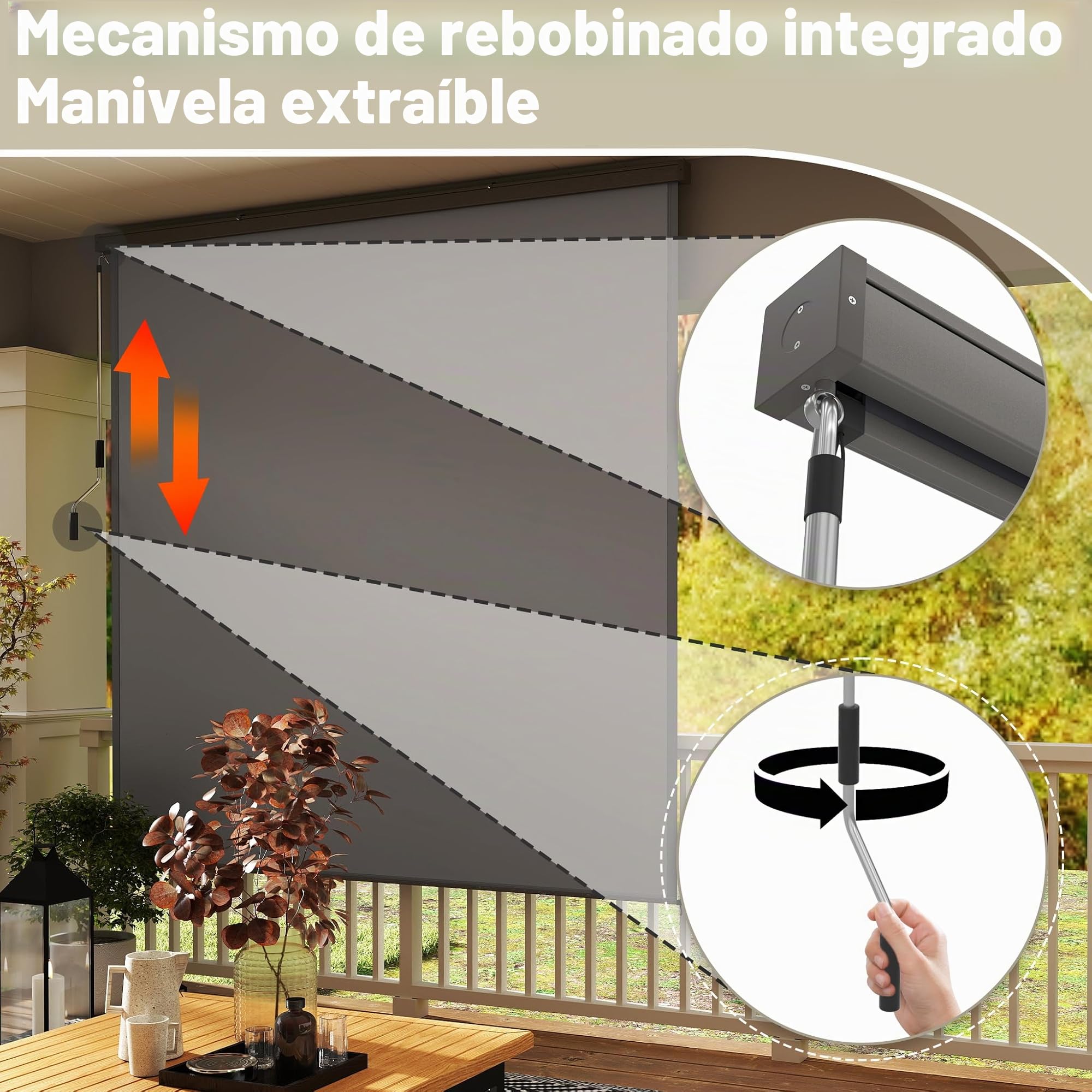 FIVMEN Toldo vertical exterior de 160 x 250 cm, resistente a la intemperie, protección solar con manivela, estor de protección solar para balcón, 160 cm de ancho, protección visual para balcón