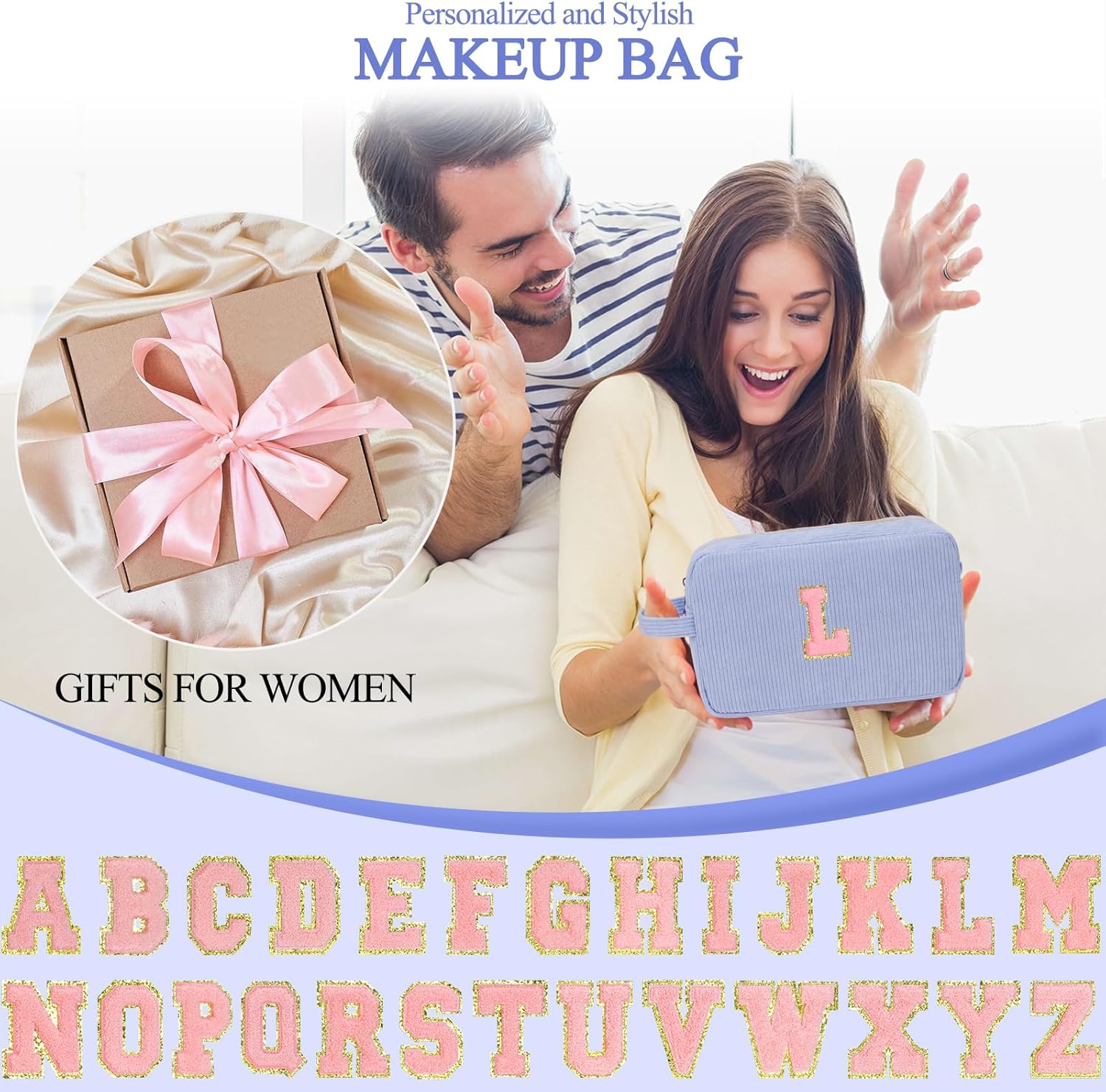 Personalized Initial Makeup Bag Trendy Stuff Corduroy Cosmetic Bag Travel Toiletry Bag, Valentine’s Day Gift Makeup Organizer Case & Makeup Pouch for Women Teen Girls Mom Girlfriend Wife