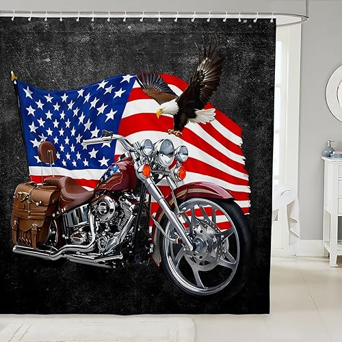 Cortinas de ducha con bandera estadounidense, cortinas de baño de motocicleta para niños, adolescentes y adultos, cortinas de baño impermeables con