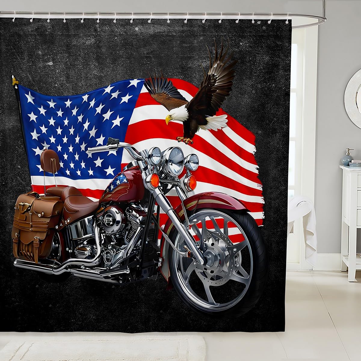 American Flag Shower Curtains,Motorcycle Bathroom Curtains for Kids Teens Adult,Eagle Animal Brown Waterproof Bath Curtains,with 12 Hooks Suits for
