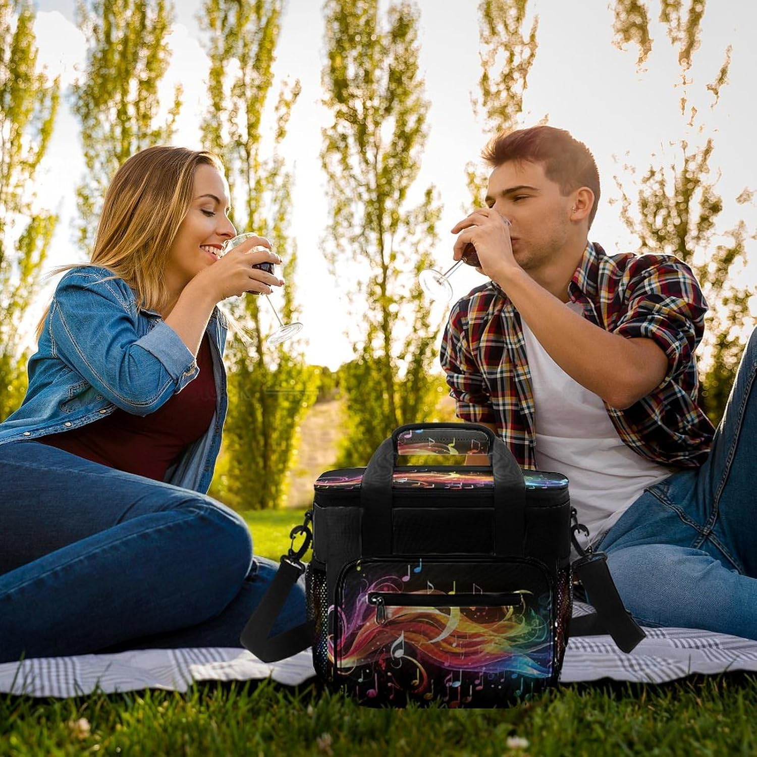 Large-Capacity Oxford Cloth Rainbow Musical Note Melody Printed Camping Ice Bag, Outdoor Portable Insulation and Cold Storage Bag, Enjoy A Cool Camping Time