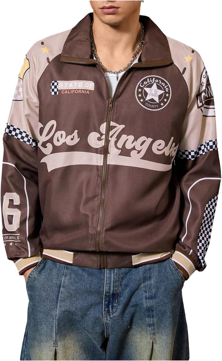 SOLY HUX Men's Letter Graphic Bomber Jacket Zip Up Mock Neck Long Sleeve Unisex Jacket Streetwear