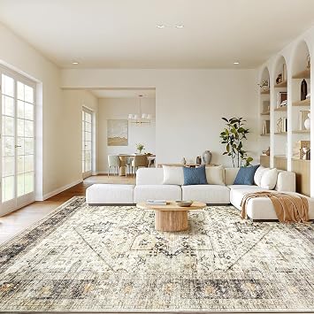 AMADA HOMEFURNISHING Washable Area Rug, Low-Profile Large Area Rug with Non-Slip Backing & Durable Edge Binding, Vintage Large Rugs for Living Room, Bedroom, Dinning Room, 9x12, Grey/Beige