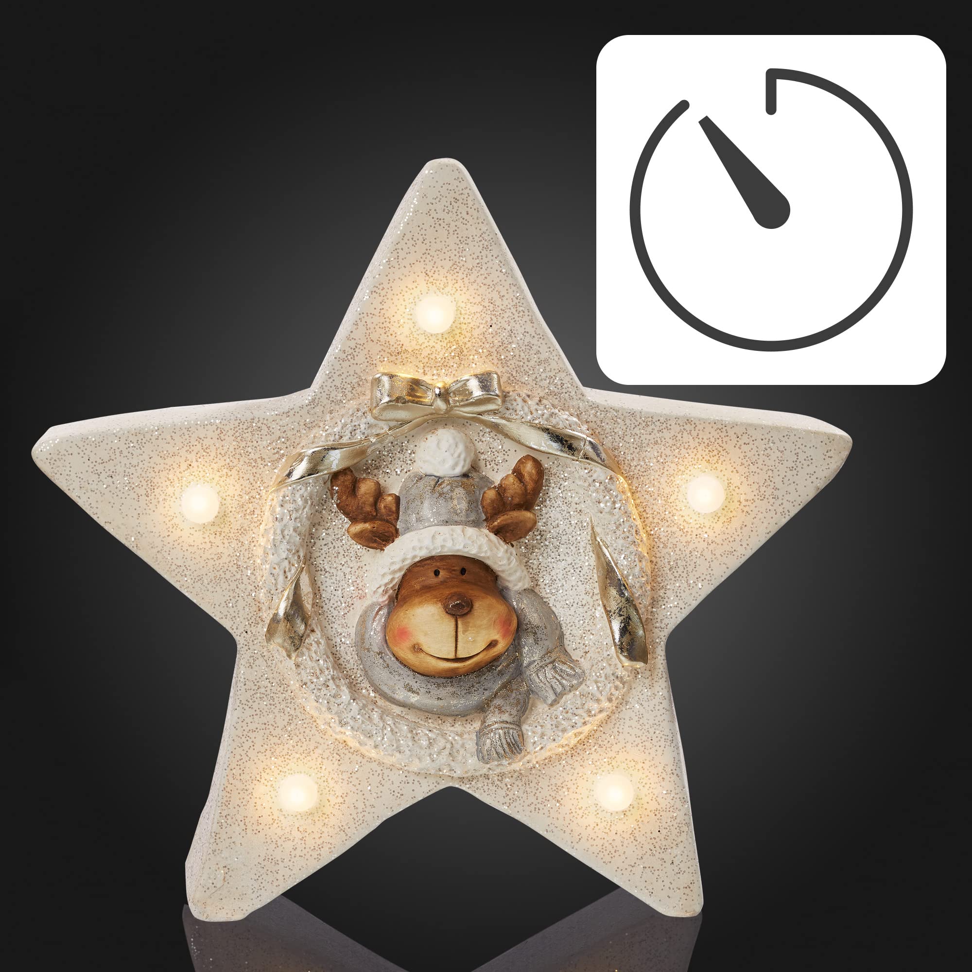 Hellum LED Dekofigur Stern mit Rentier, mit Timer, Weihnachten, warmweiß, batteriebetrieben (3xAA Nicht inkl.), 52x45x25cm, für Innen, Winter-Dekoration, 524048