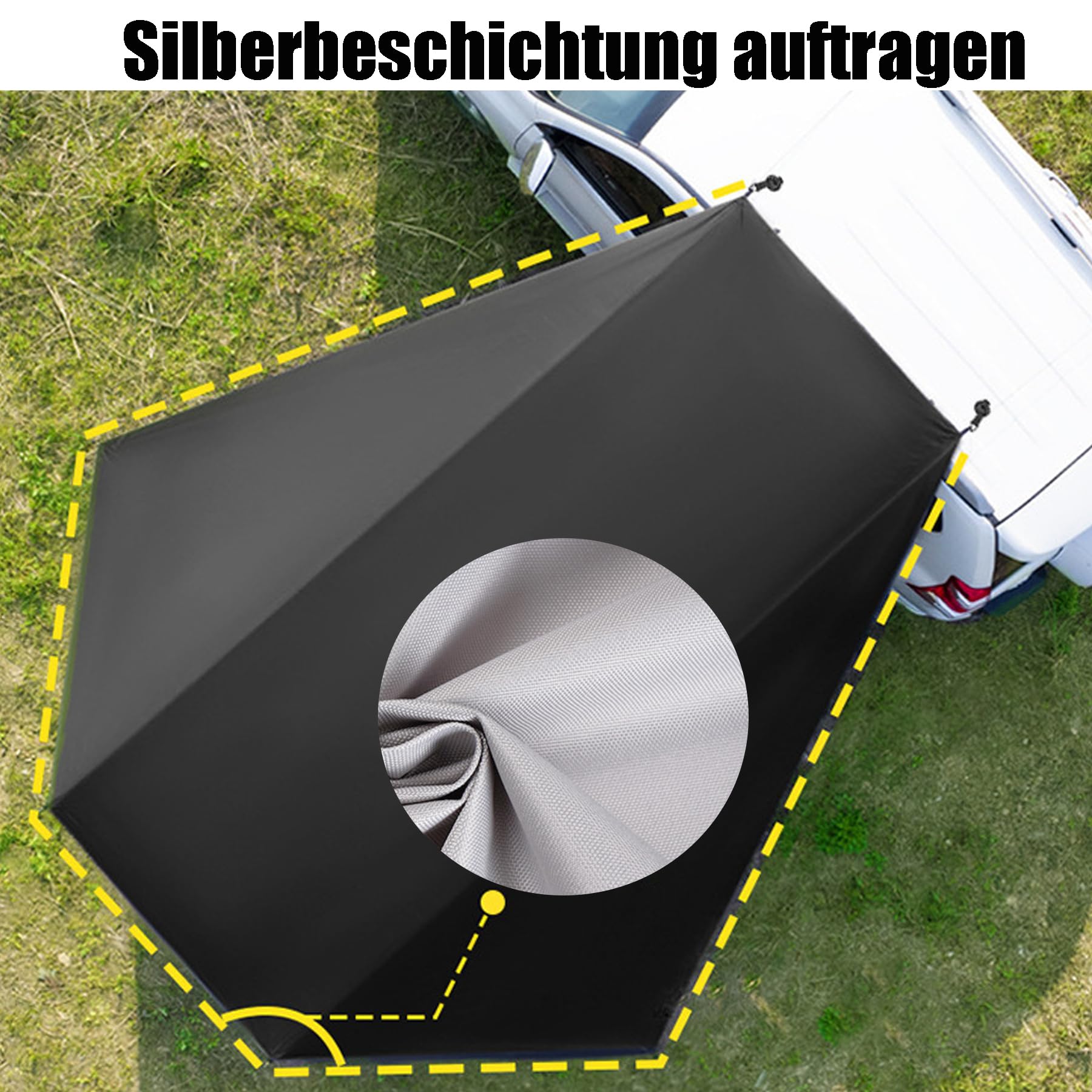 Schwarze Farbe Auto UV-Schutz Tarp, 280×380cm Silberne Beschichtung Vorzelt für SUV Seitentür und Hintertür, Wohnmobil-Markise Haben Zeltseile, Zeltnägel, Saugnapf, Aufbewahrungstasche