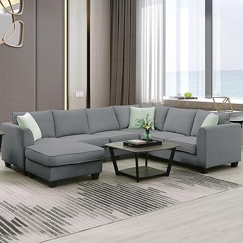 Merax 112 x 87 Large Upholstered U-Shape Sectional Sofa Sets, 7 Seat Couch with Ottoman 3 Pillows, 121 inch Length, Grey