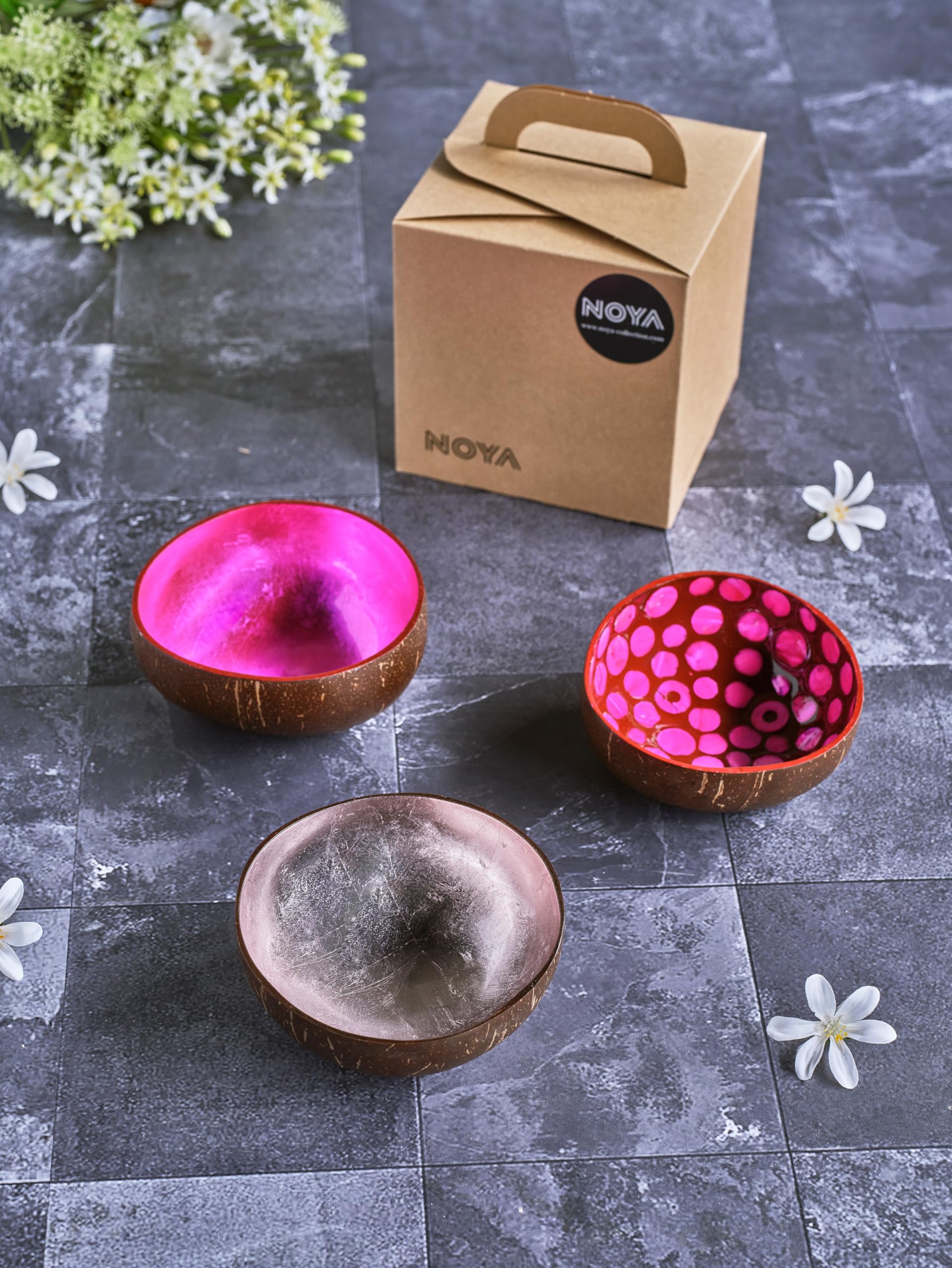 Noya Lot de 3 bols couleurs assortis en Noix de Coco, D14 Cm