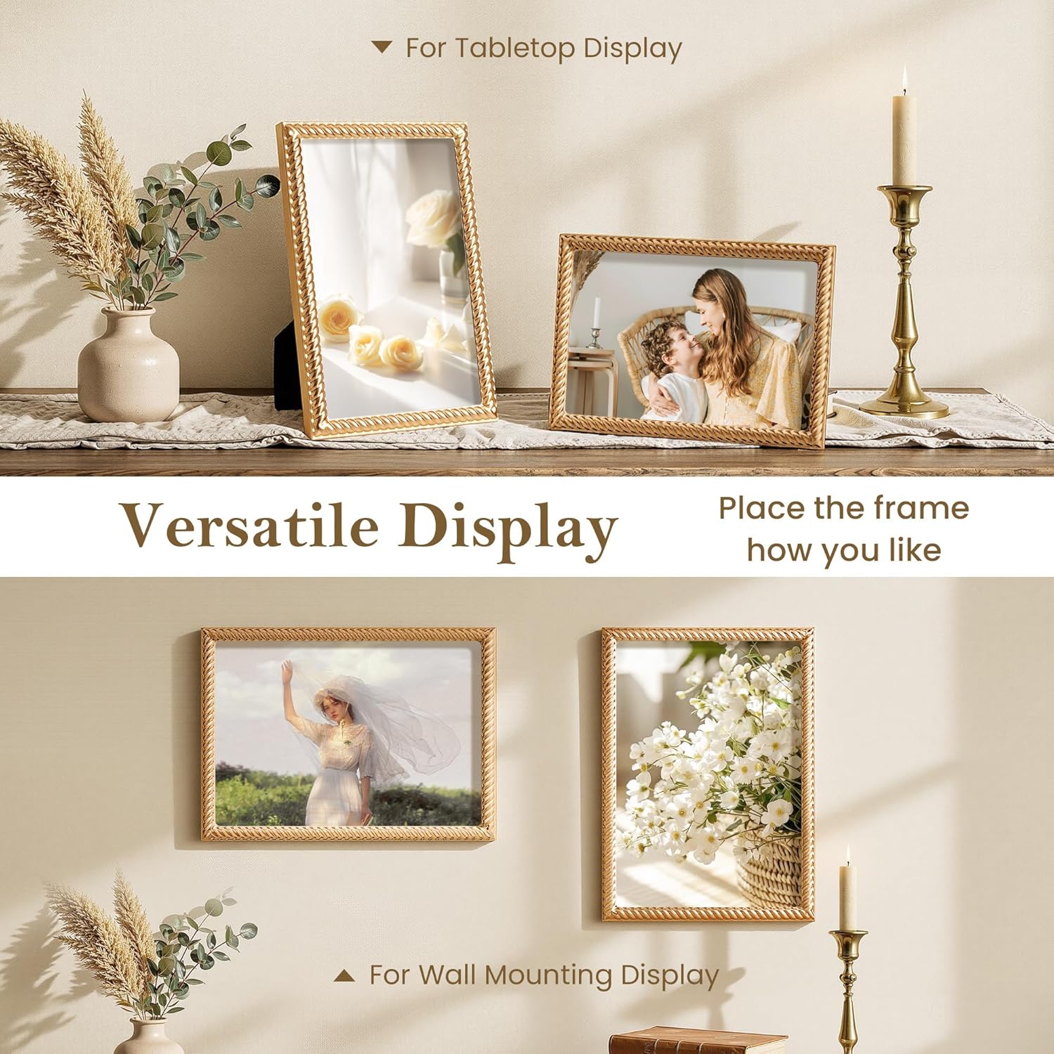 RICHFOCUS Zinc Alloy Gold Rope Design Picture Frame, 8x10 Metal Photo Frame with Black Velvet Back & Real Glass Front, Display for Desktop & Wall Hanging Vertically or Horizontally
