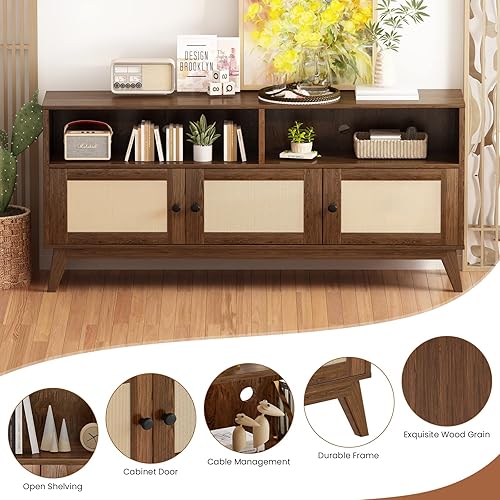 Miniatura 8 de AWQM Soporte de TV para sala de estar, consola de TV moderna de mediados de siglo, centro de entretenimiento de ratán con almacenamiento y estantes